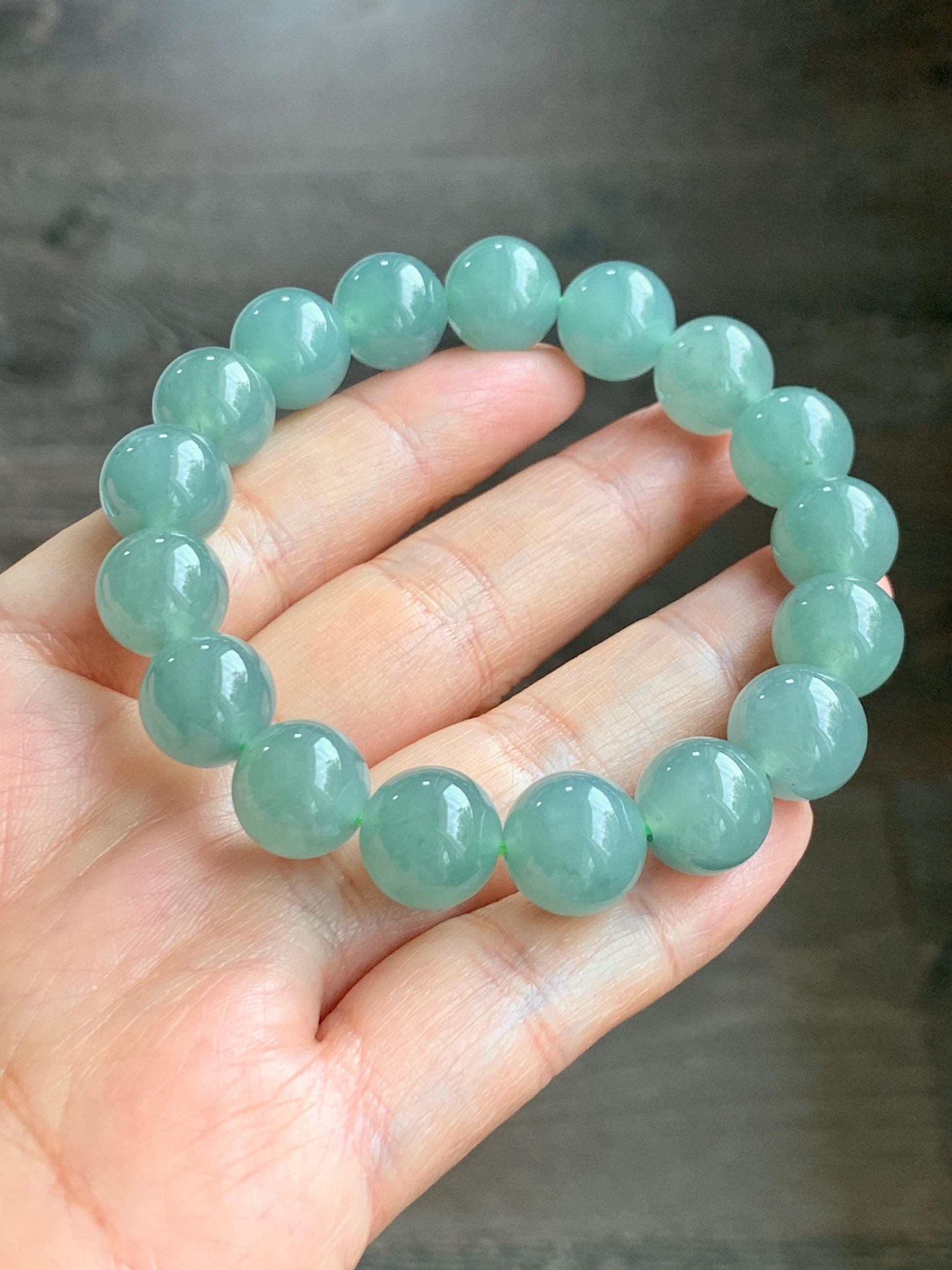 Natural Grade A Guatemalan Icy Translucent Teal Green Jade Jadeite Beaded Bracelet 11.7mm 7.25” 46g 天然冰危蓝绿翡翠大圆珠手串 WDL350