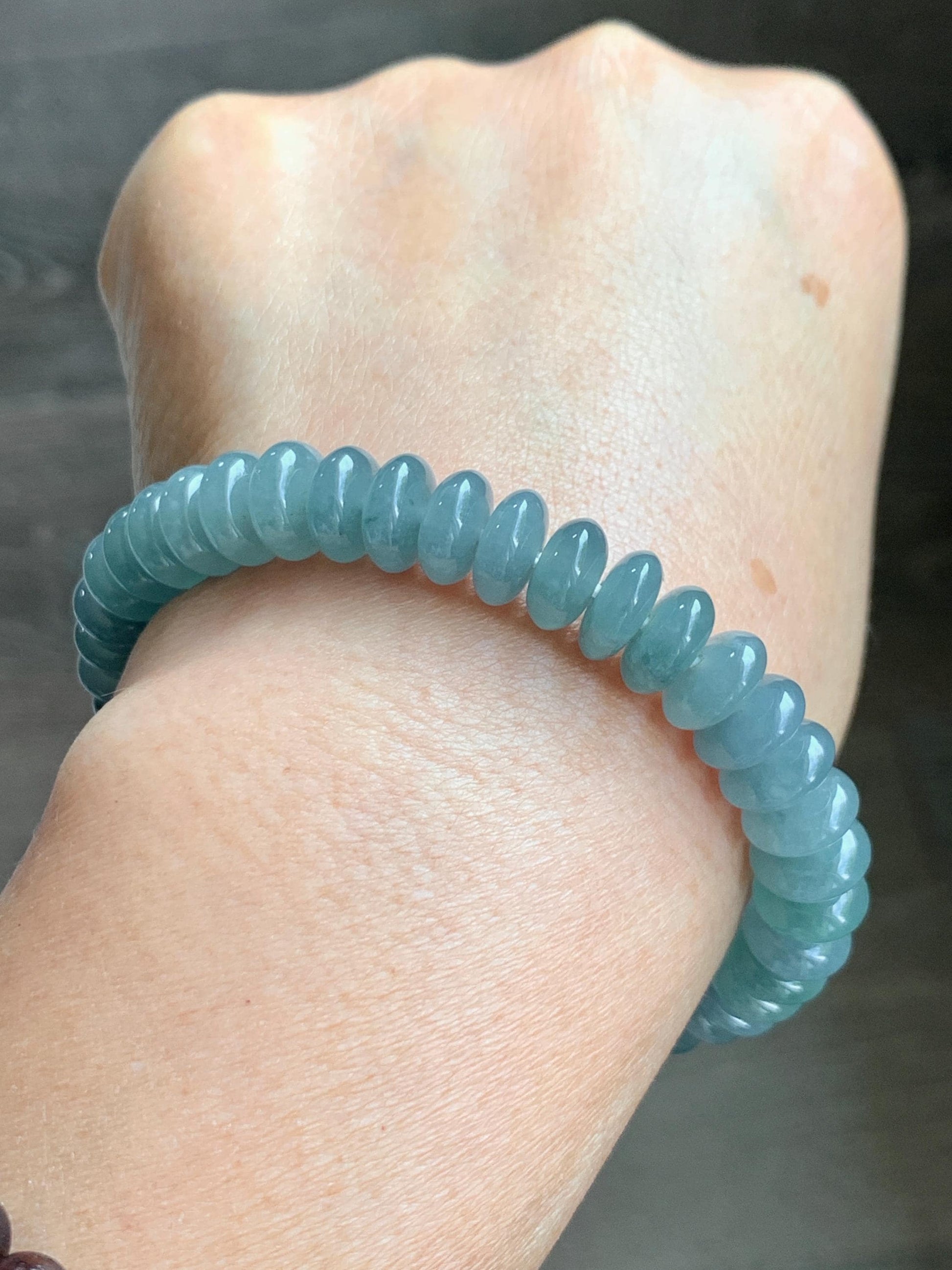 Natural Grade A Guatemalan Icy Translucent Light Dusty Blue Jade Jadeite Drum Beads Beaded Bracelet Stretchy 7” 27g 天然冰危浅蓝翡翠鼓珠手串 WDB330A
