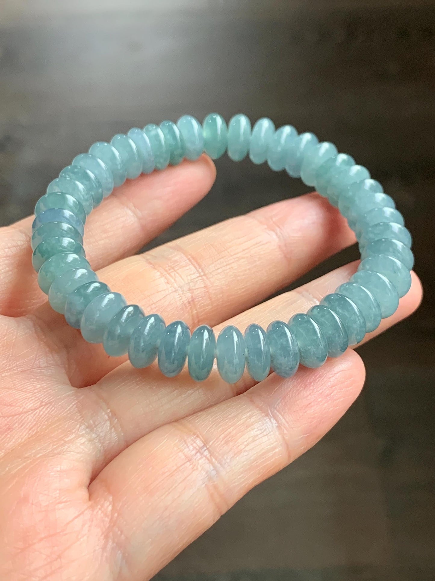 Natural Grade A Guatemalan Icy Translucent Light Dusty Blue Jade Jadeite Drum Beads Beaded Bracelet Stretchy 7” 27g 天然冰危浅蓝翡翠鼓珠手串 WDB330A