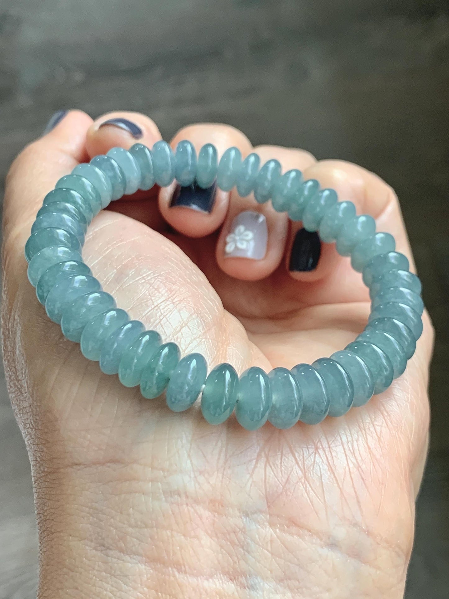 Natural Grade A Guatemalan Icy Translucent Light Dusty Blue Jade Jadeite Drum Beads Beaded Bracelet Stretchy 7” 27g 天然冰危浅蓝翡翠鼓珠手串 WDB330A