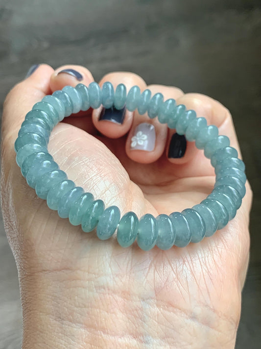 Natural Grade A Guatemalan Icy Translucent Light Dusty Blue Jade Jadeite Drum Beads Beaded Bracelet Stretchy 7” 27g 天然冰危浅蓝翡翠鼓珠手串 WDB330A
