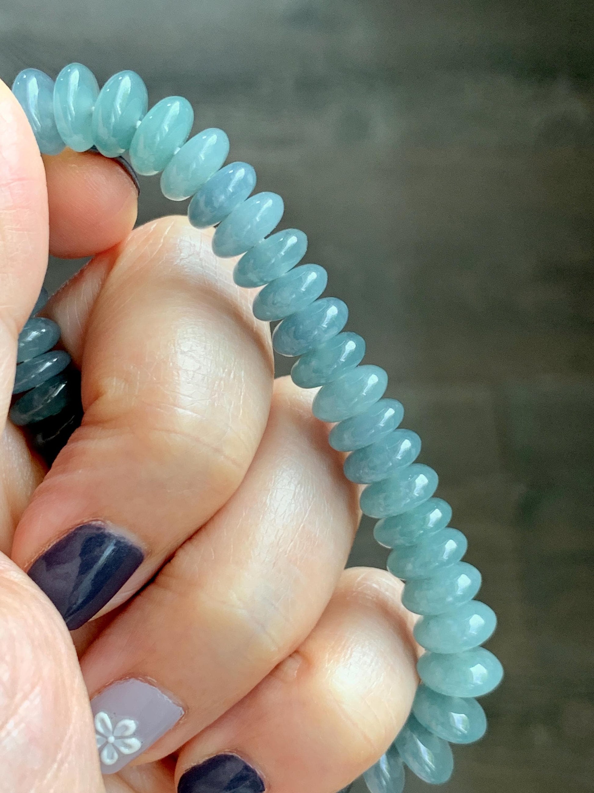 Natural Grade A Guatemalan Icy Translucent Light Dusty Blue Jade Jadeite Drum Beads Beaded Bracelet Stretchy 7” 27g 天然冰危浅蓝翡翠鼓珠手串 WDB330A