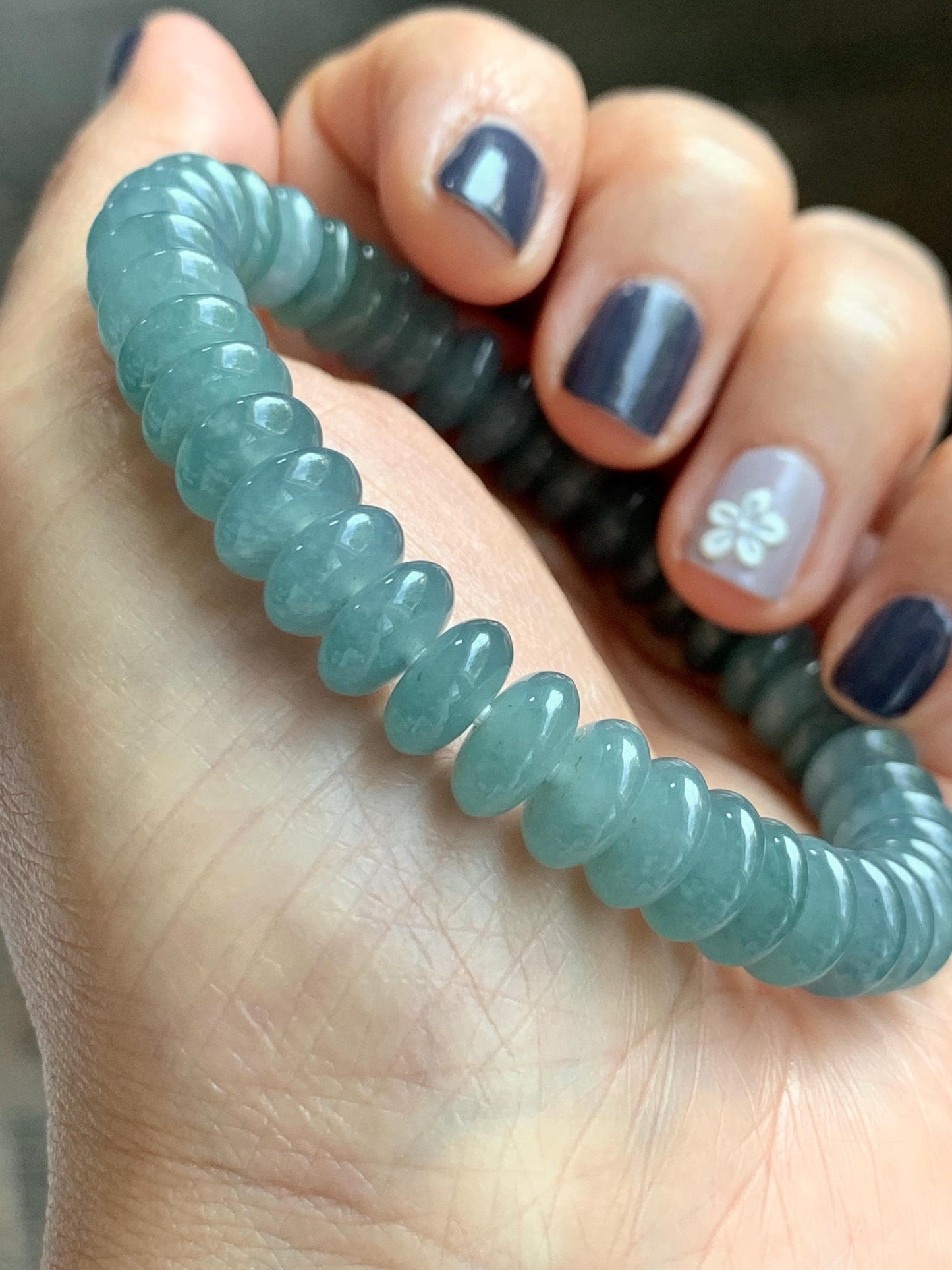 Natural Grade A Guatemalan Icy Translucent Light Dusty Blue Jade Jadeite Drum Beads Beaded Bracelet Stretchy 7” 27g 天然冰危浅蓝翡翠鼓珠手串 WDB330A