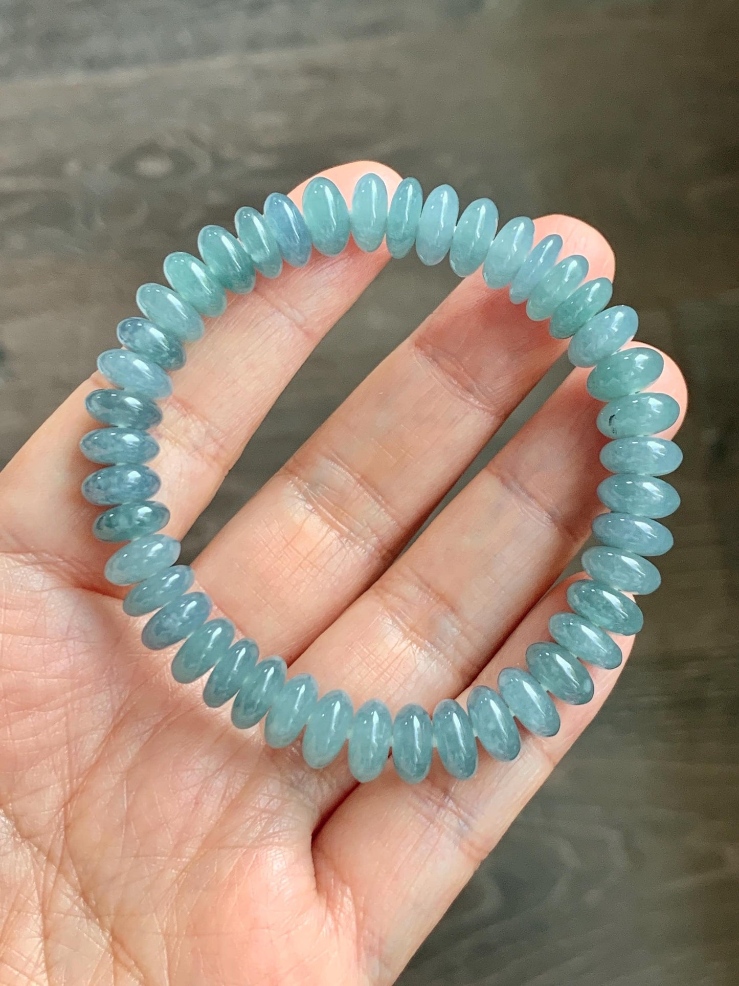 Natural Grade A Guatemalan Icy Translucent Light Dusty Blue Jade Jadeite Drum Beads Beaded Bracelet Stretchy 7” 27g 天然冰危浅蓝翡翠鼓珠手串 WDB330A