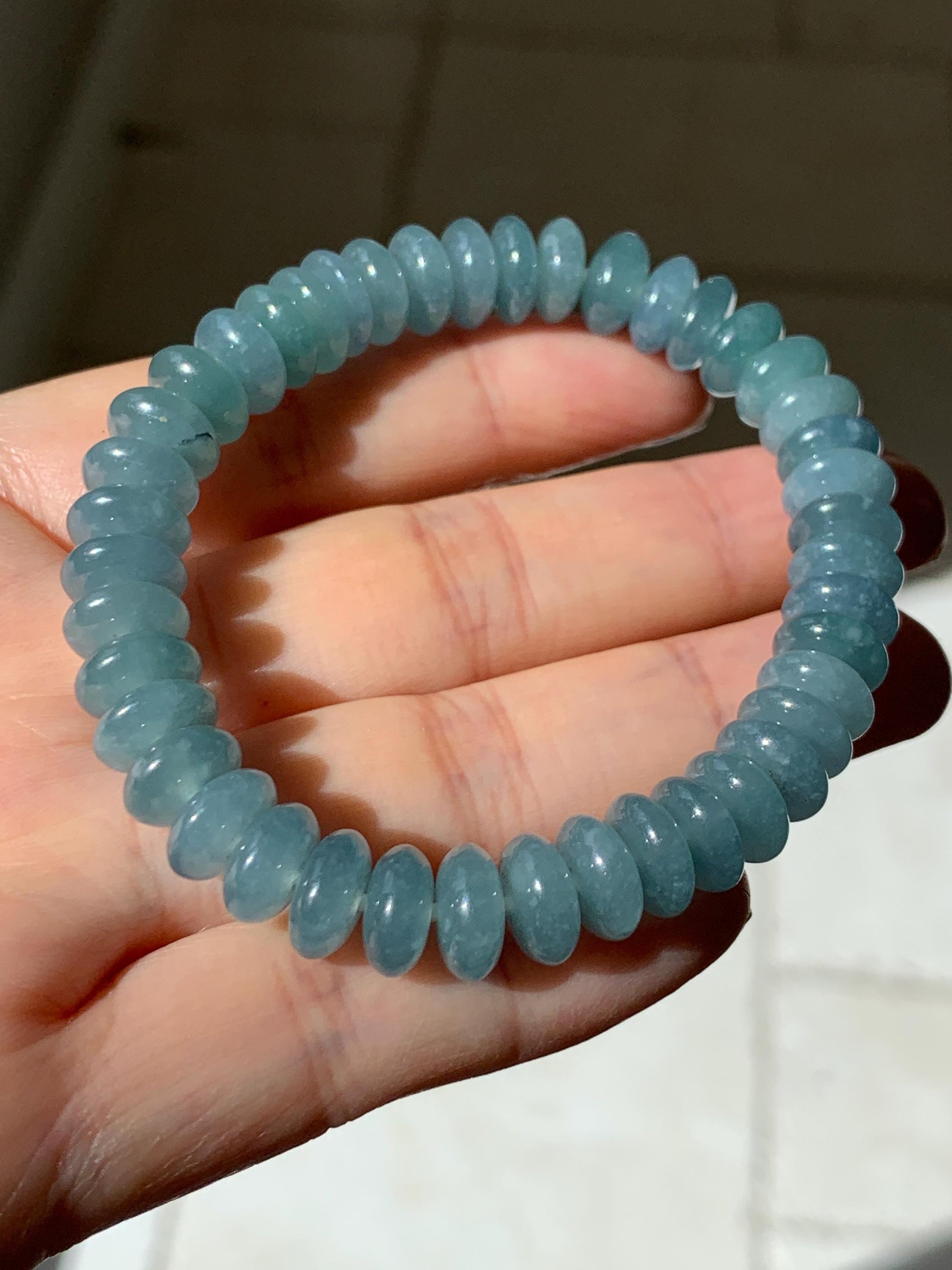 Natural Grade A Guatemalan Icy Translucent Light Dusty Blue Jade Jadeite Drum Beads Beaded Bracelet Stretchy 7” 27g 天然冰危浅蓝翡翠鼓珠手串 WDB330A