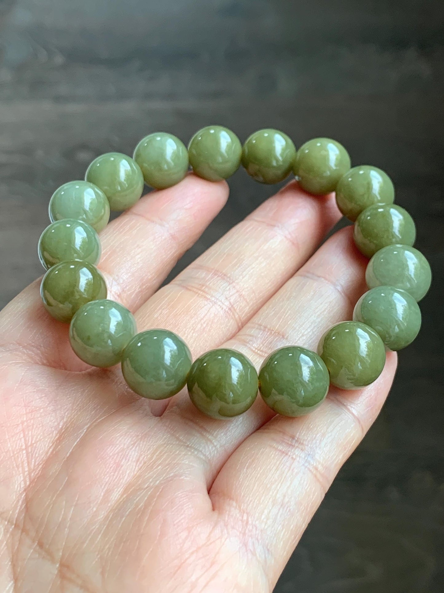 Certified Natural Grade A Icy Translucent Dark Greenish Yellow Jade Jadeite Large Beads Beaded Bracelet 11.7mm 7.25” 45.73g 天然寿黄翡翠圆珠手串 462
