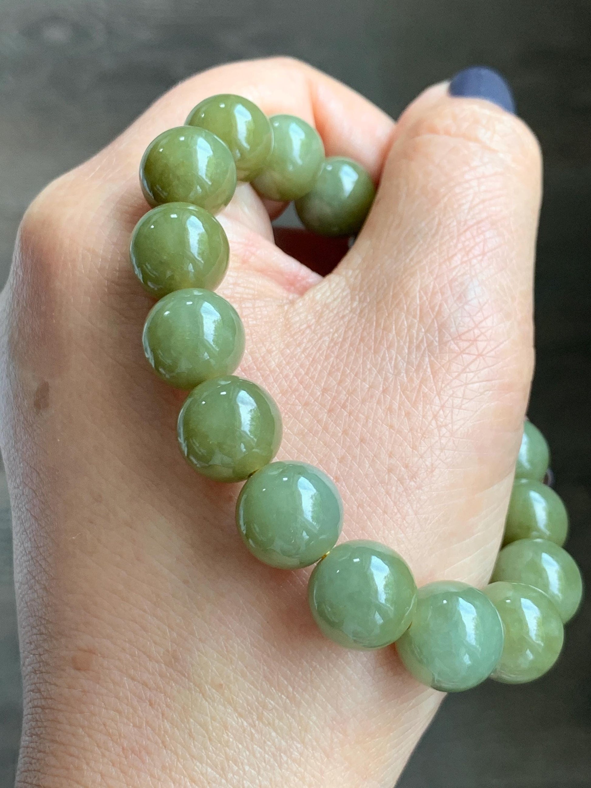 Certified Natural Grade A Icy Translucent Dark Greenish Yellow Jade Jadeite Large Beads Beaded Bracelet 11.7mm 7.25” 45.73g 天然寿黄翡翠圆珠手串 462