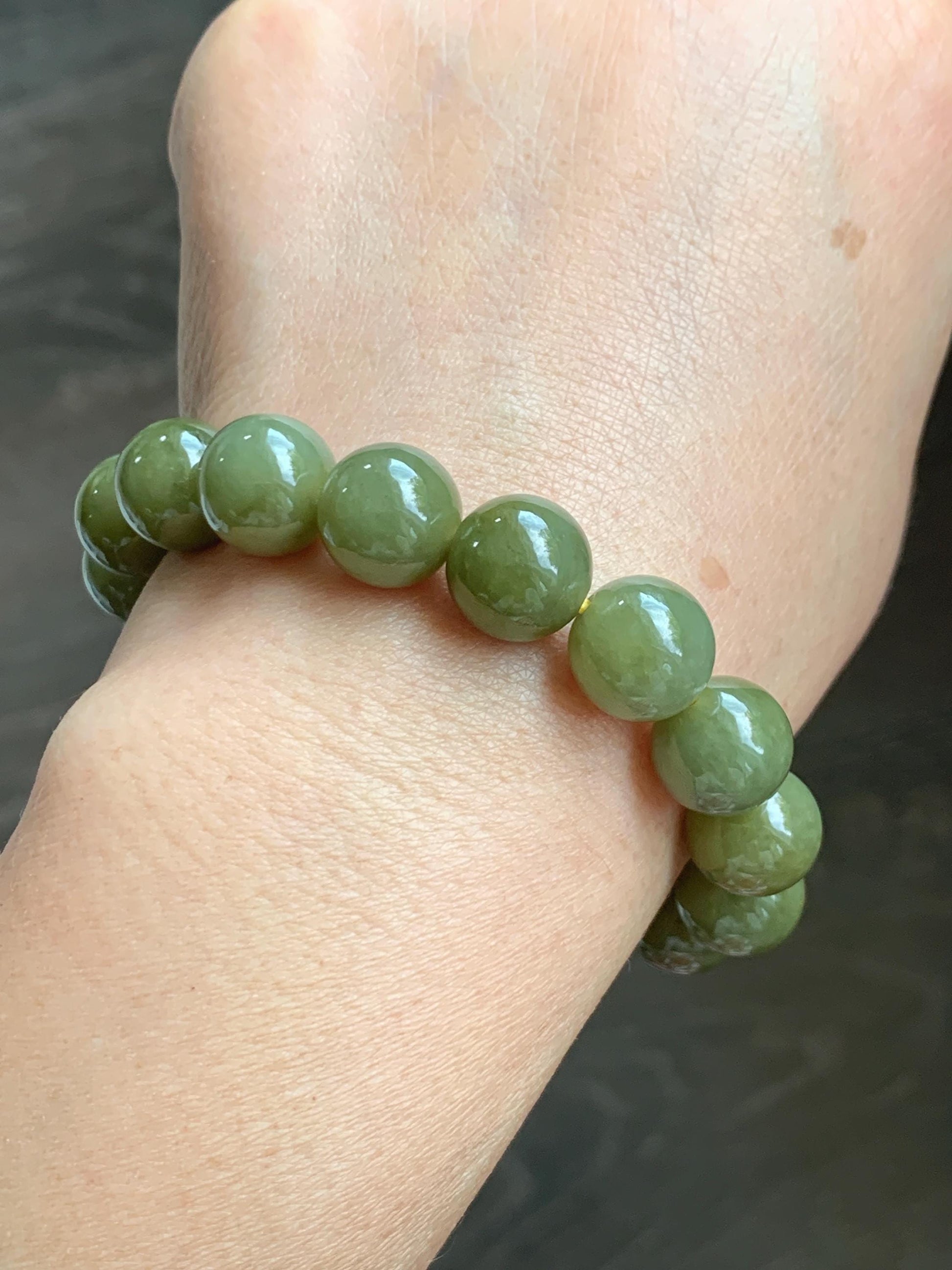 Certified Natural Grade A Icy Translucent Dark Greenish Yellow Jade Jadeite Large Beads Beaded Bracelet 11.7mm 7.25” 45.73g 天然寿黄翡翠圆珠手串 462