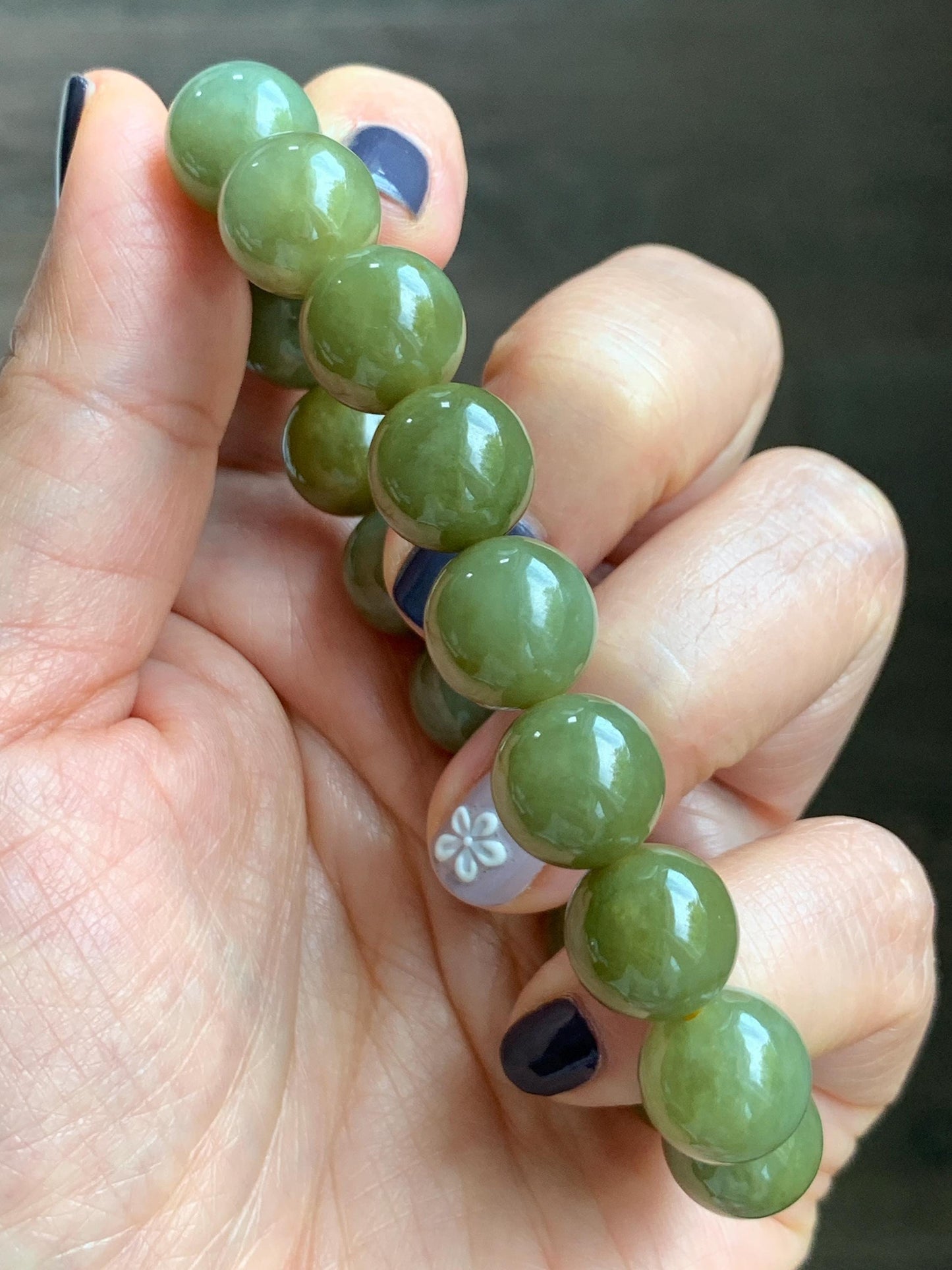 Certified Natural Grade A Icy Translucent Dark Greenish Yellow Jade Jadeite Large Beads Beaded Bracelet 11.7mm 7.25” 45.73g 天然寿黄翡翠圆珠手串 462