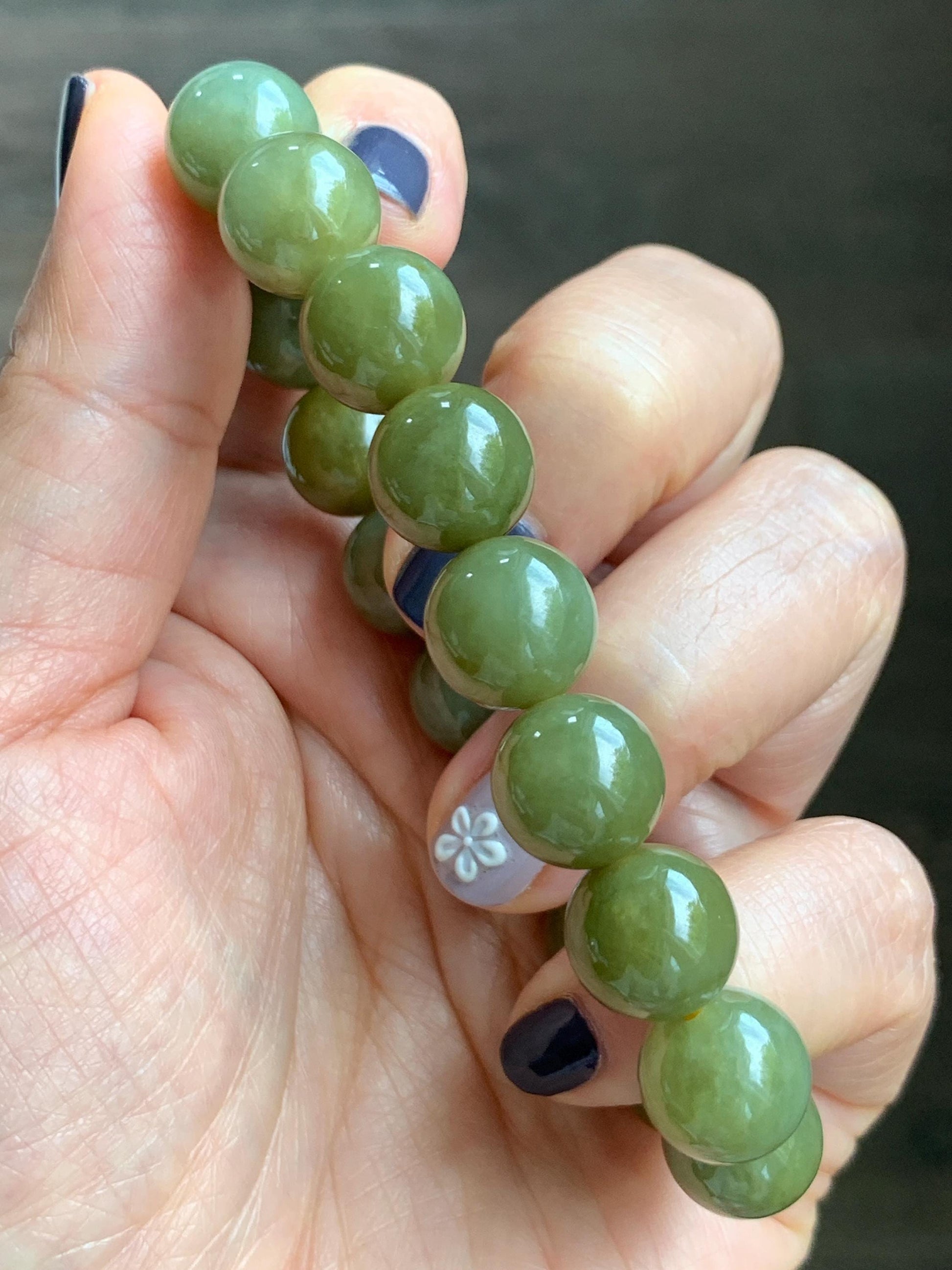 Certified Natural Grade A Icy Translucent Dark Greenish Yellow Jade Jadeite Large Beads Beaded Bracelet 11.7mm 7.25” 45.73g 天然寿黄翡翠圆珠手串 462