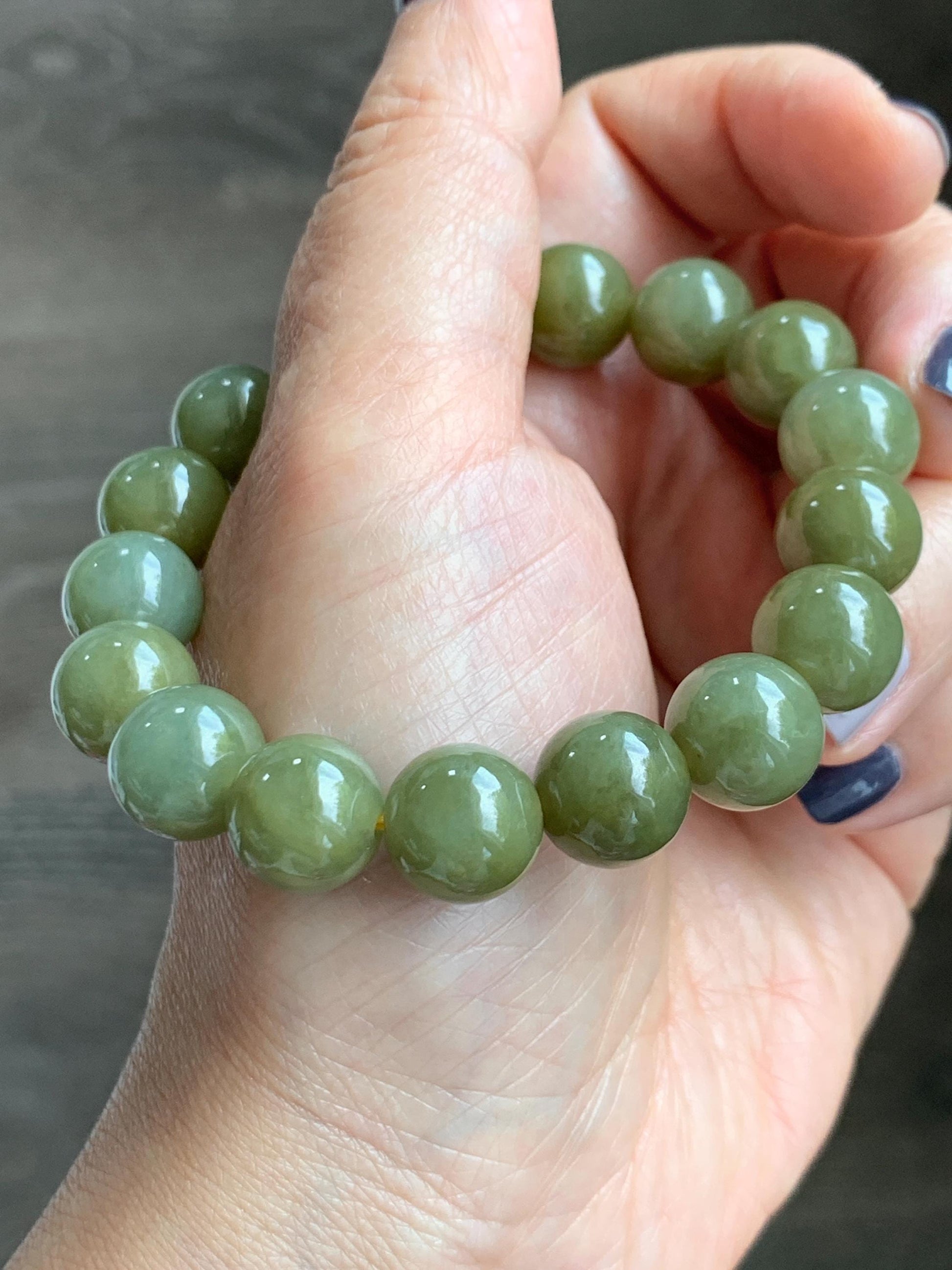 Certified Natural Grade A Icy Translucent Dark Greenish Yellow Jade Jadeite Large Beads Beaded Bracelet 11.7mm 7.25” 45.73g 天然寿黄翡翠圆珠手串 462