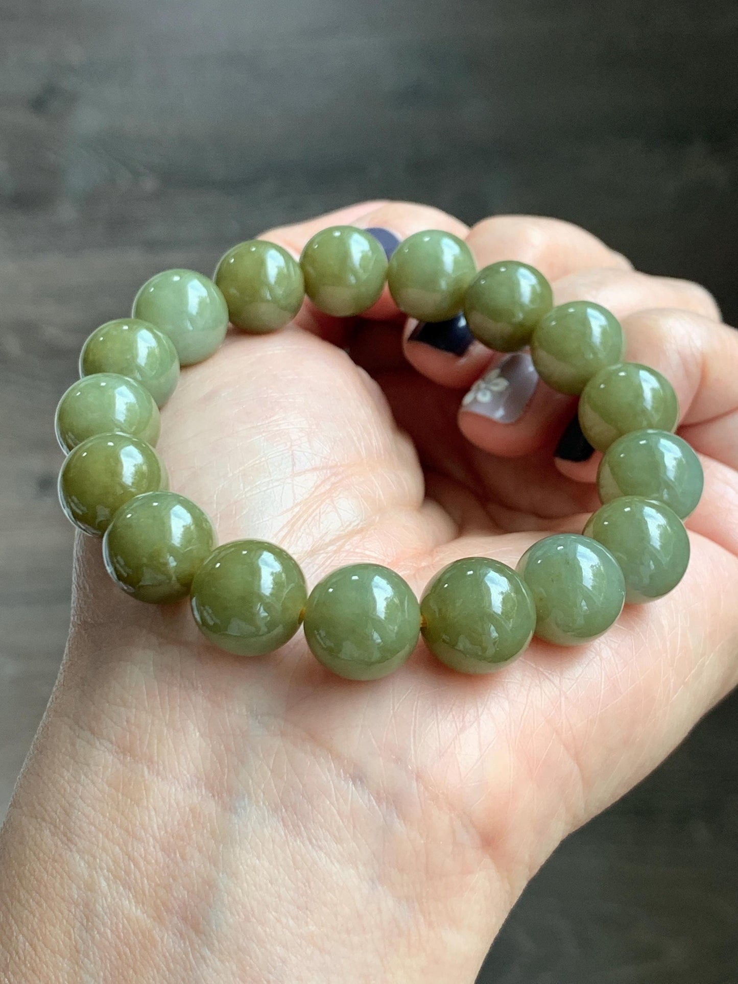 Certified Natural Grade A Icy Translucent Dark Greenish Yellow Jade Jadeite Large Beads Beaded Bracelet 11.7mm 7.25” 45.73g 天然寿黄翡翠圆珠手串 462