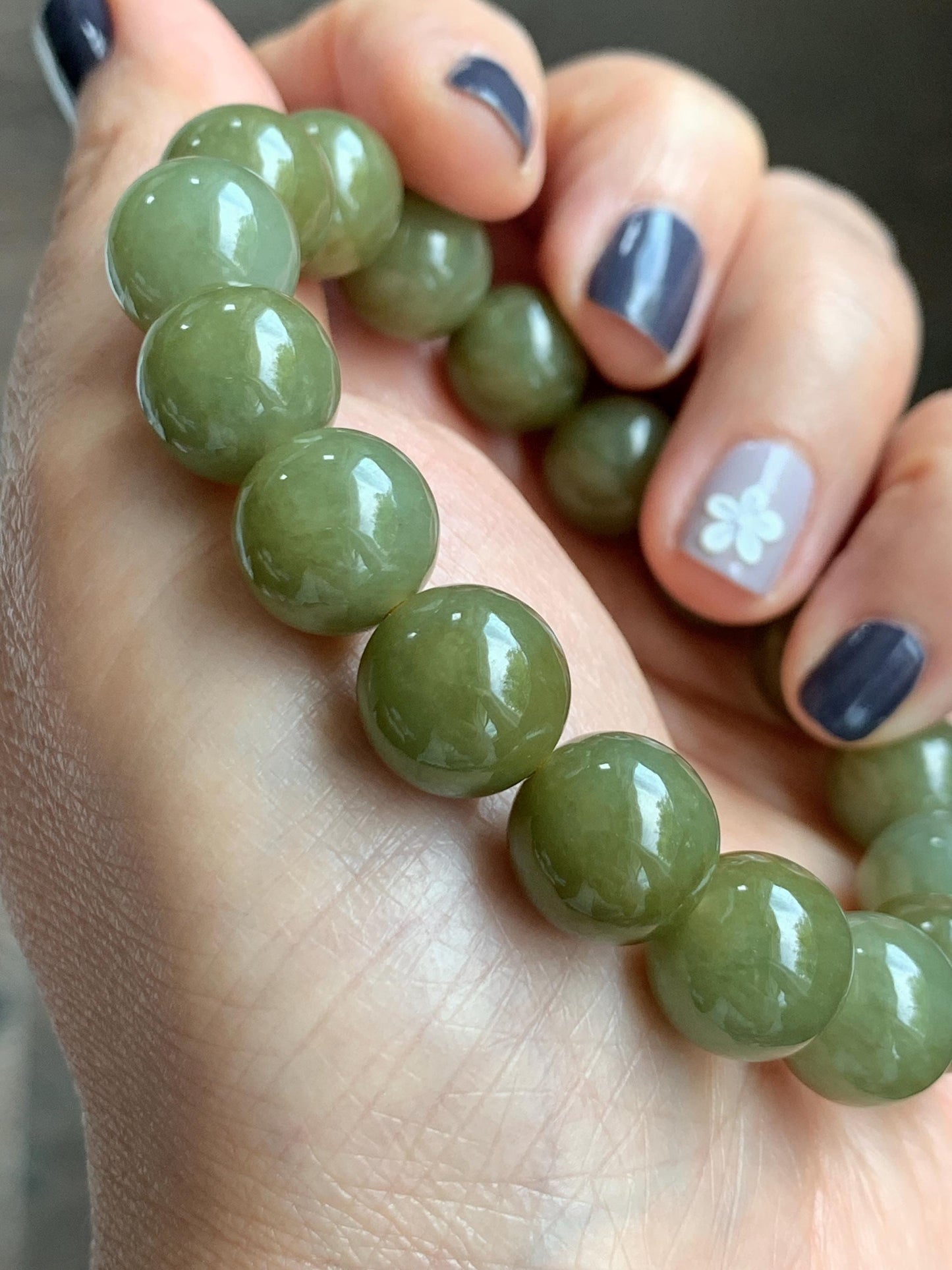 Certified Natural Grade A Icy Translucent Dark Greenish Yellow Jade Jadeite Large Beads Beaded Bracelet 11.7mm 7.25” 45.73g 天然寿黄翡翠圆珠手串 462