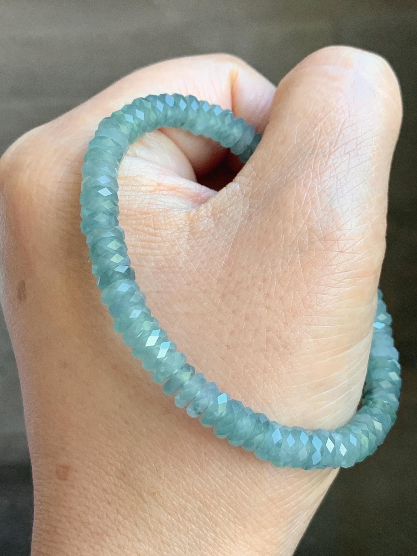 Certified Natural Grade A Guatemalan Icy Translucent Light Teal Jade Jadeite Faceted Flat Beads Beaded Bracelet 6.75” 天然冰危浅蓝绿翡翠切割面珠手串 603