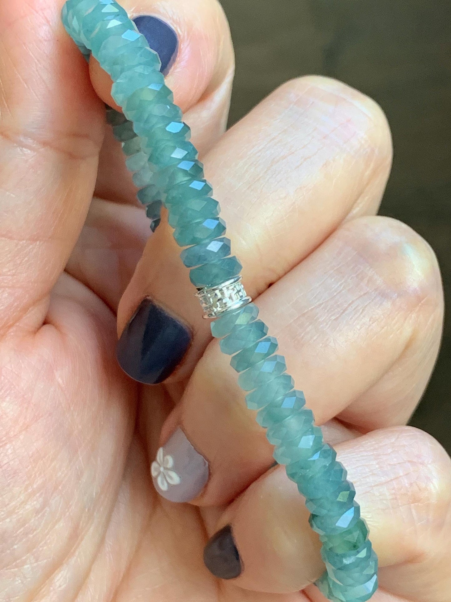 Certified Natural Grade A Guatemalan Icy Translucent Light Teal Jade Jadeite Faceted Flat Beads Beaded Bracelet 6.75” 天然冰危浅蓝绿翡翠切割面珠手串 603
