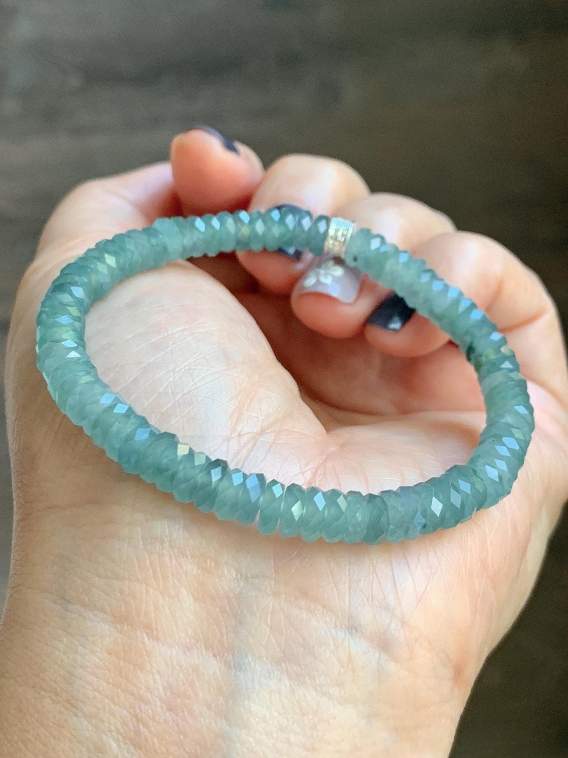 Certified Natural Grade A Guatemalan Icy Translucent Light Teal Jade Jadeite Faceted Flat Beads Beaded Bracelet 6.75” 天然冰危浅蓝绿翡翠切割面珠手串 603