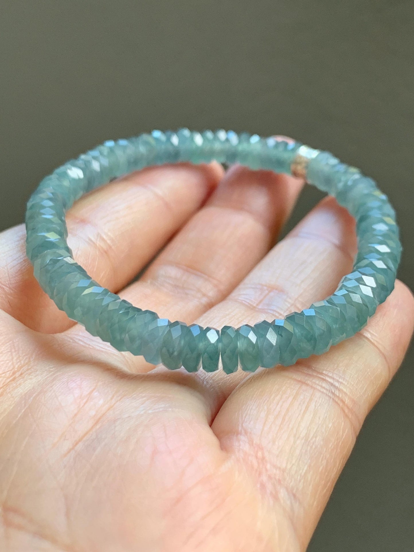 Certified Natural Grade A Guatemalan Icy Translucent Light Teal Jade Jadeite Faceted Flat Beads Beaded Bracelet 6.75” 天然冰危浅蓝绿翡翠切割面珠手串 602
