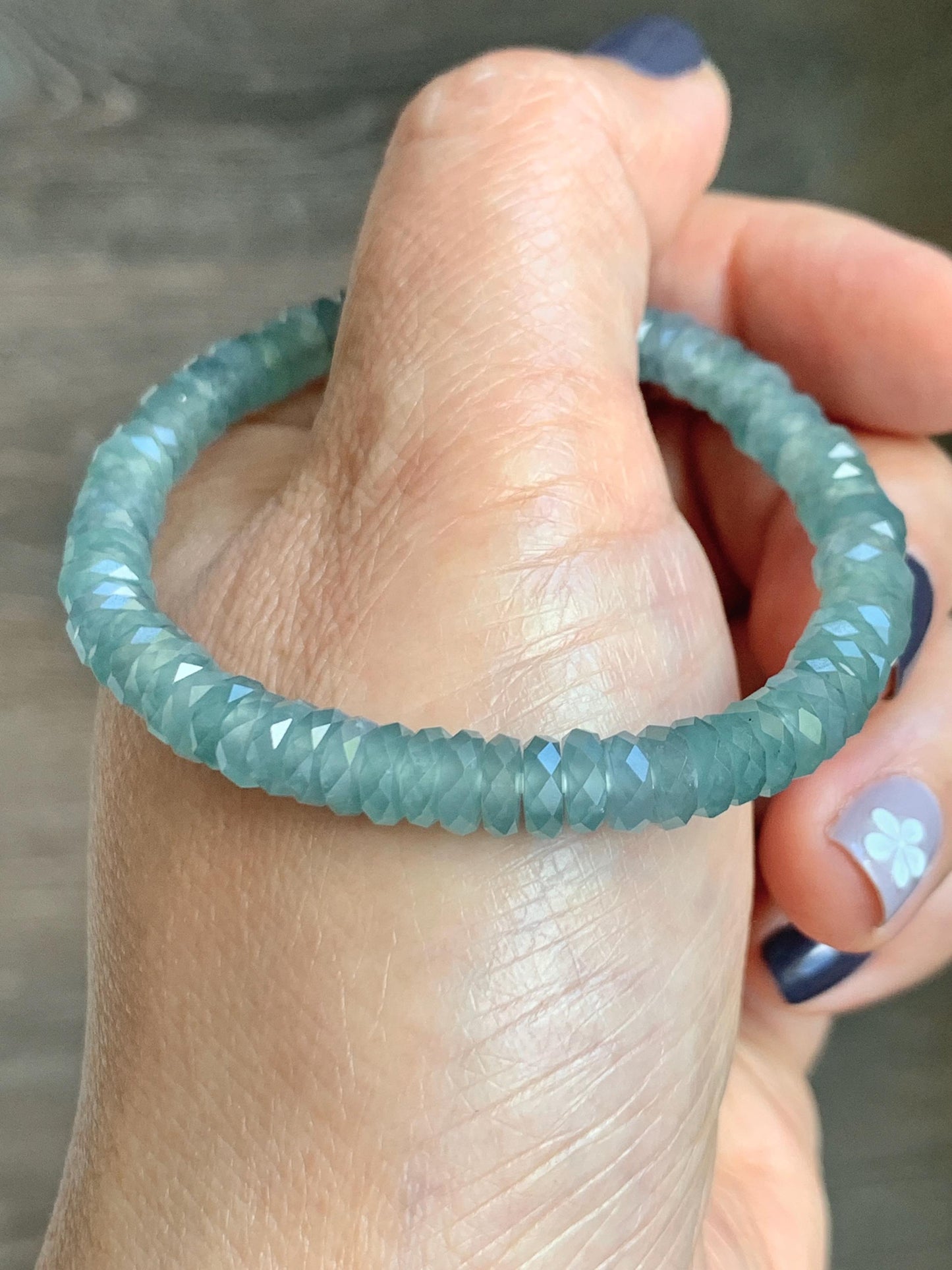 Certified Natural Grade A Guatemalan Icy Translucent Light Teal Jade Jadeite Faceted Flat Beads Beaded Bracelet 6.75” 天然冰危浅蓝绿翡翠切割面珠手串 602