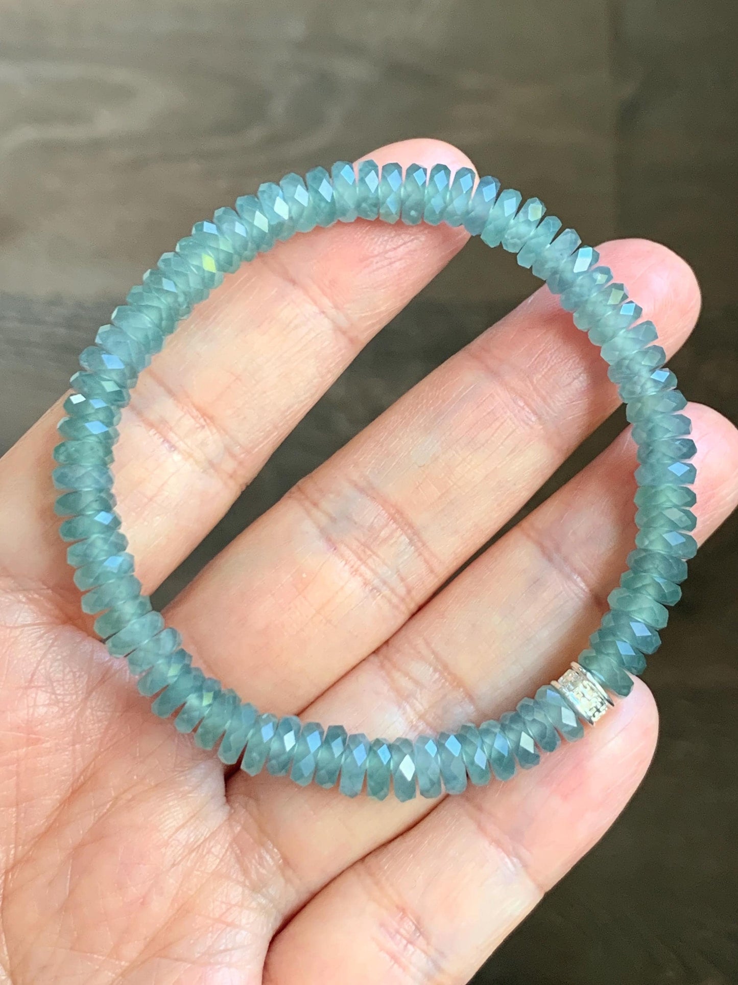 Certified Natural Grade A Guatemalan Icy Translucent Light Teal Jade Jadeite Faceted Flat Beads Beaded Bracelet 6.75” 天然冰危浅蓝绿翡翠切割面珠手串 602