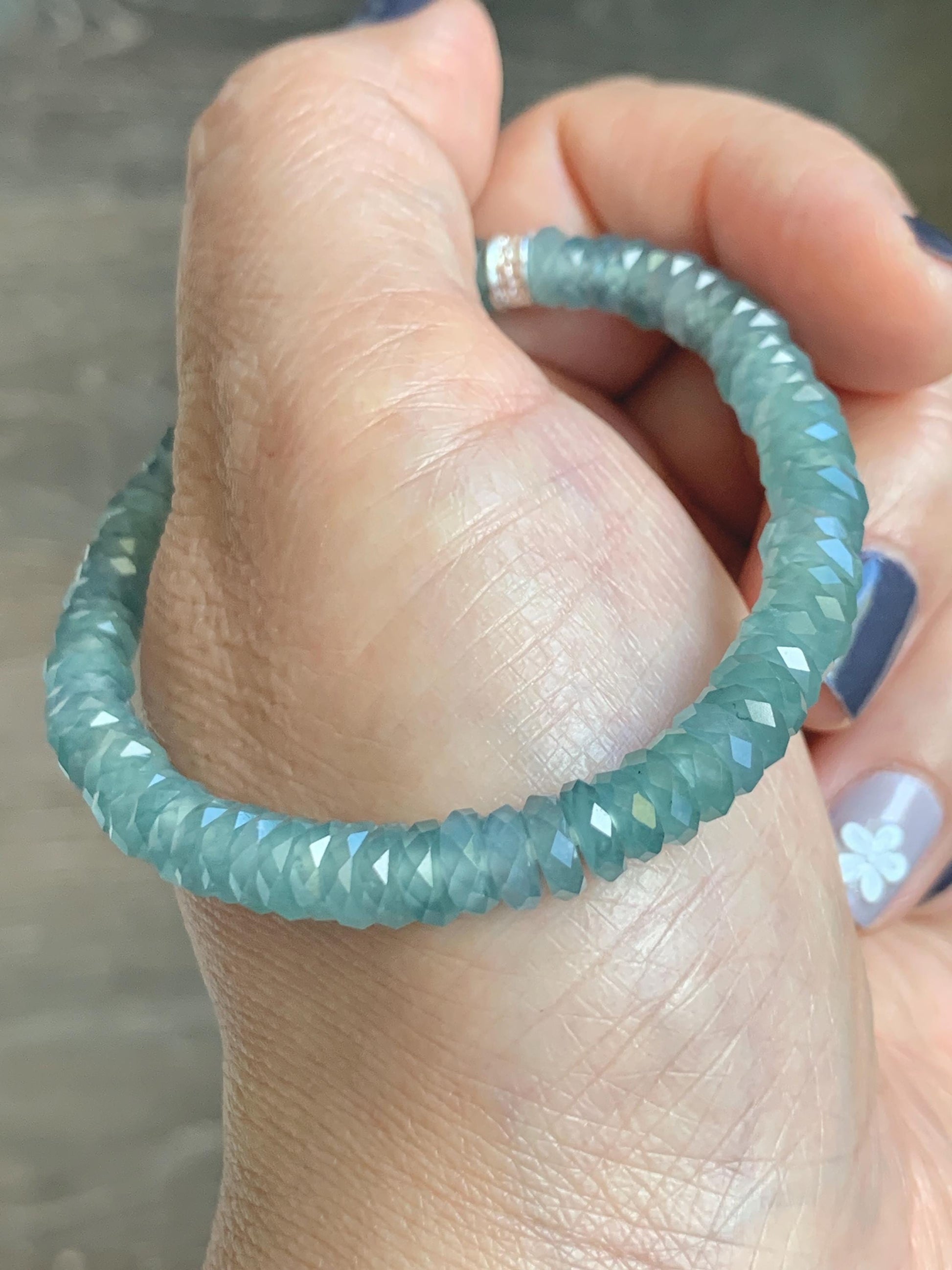 Certified Natural Grade A Guatemalan Icy Translucent Light Teal Jade Jadeite Faceted Flat Beads Beaded Bracelet 6.75” 天然冰危浅蓝绿翡翠切割面珠手串 602