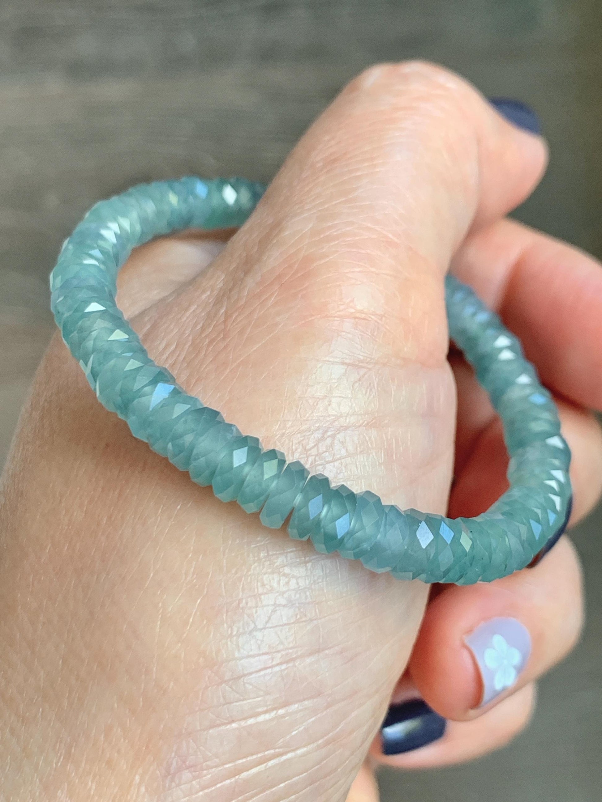 Certified Natural Grade A Guatemalan Icy Translucent Light Teal Jade Jadeite Faceted Flat Beads Beaded Bracelet 6.75” 天然冰危浅蓝绿翡翠切割面珠手串 602