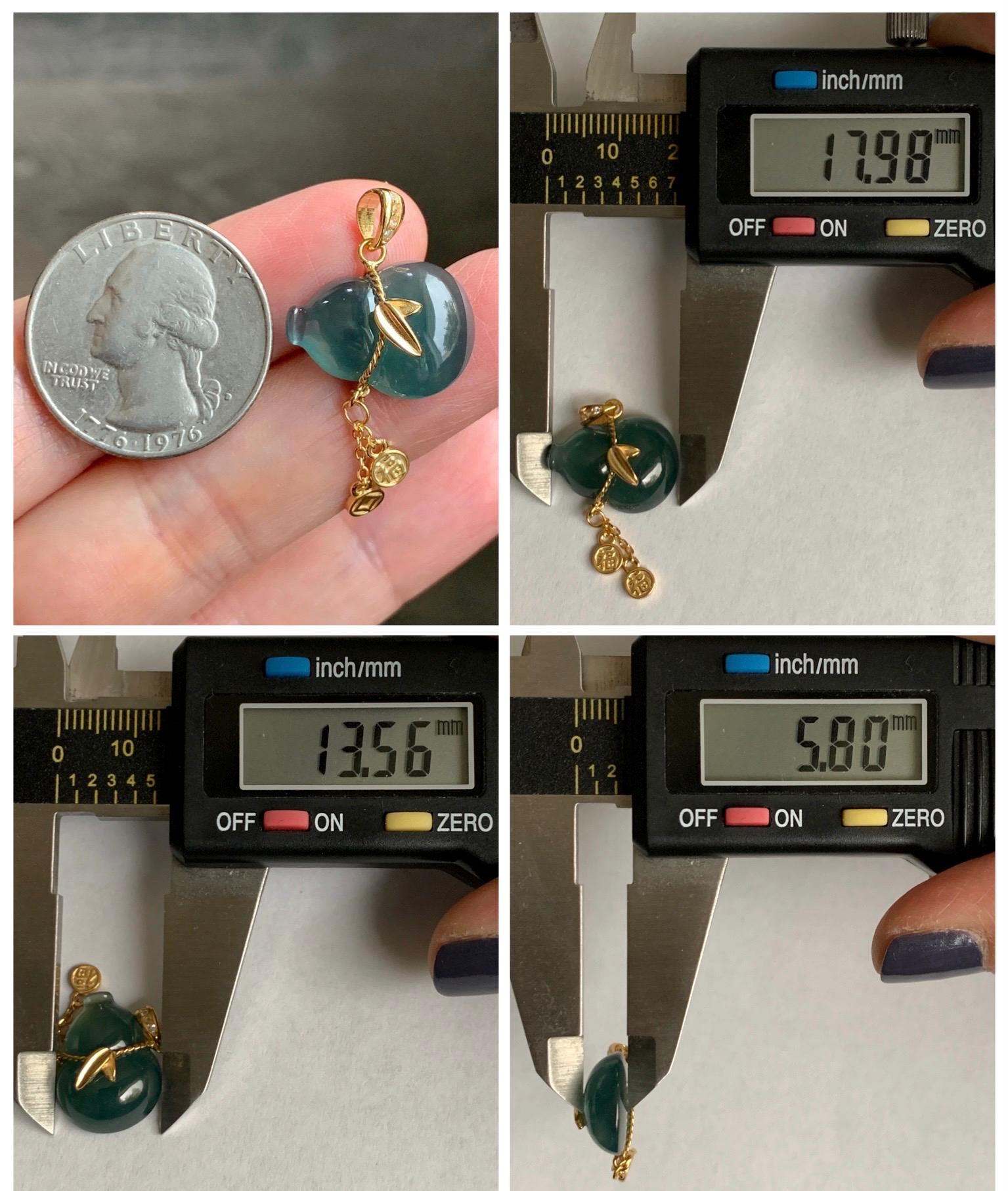 Natural Grade A Guatemalan Icy Highly Translucent Dark Teal Blue Jade Jadeite Gourd Hulu Pendant Sterling Silver 天然冰危深蓝绿翡翠葫芦吊坠 WHL100A