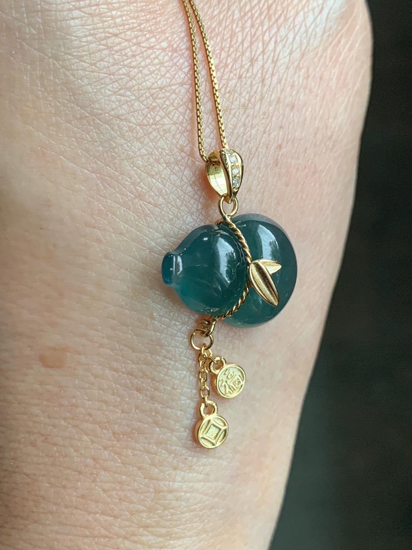 Natural Grade A Guatemalan Icy Highly Translucent Dark Teal Blue Jade Jadeite Gourd Hulu Pendant Sterling Silver 天然冰危深蓝绿翡翠葫芦吊坠 WHL100A