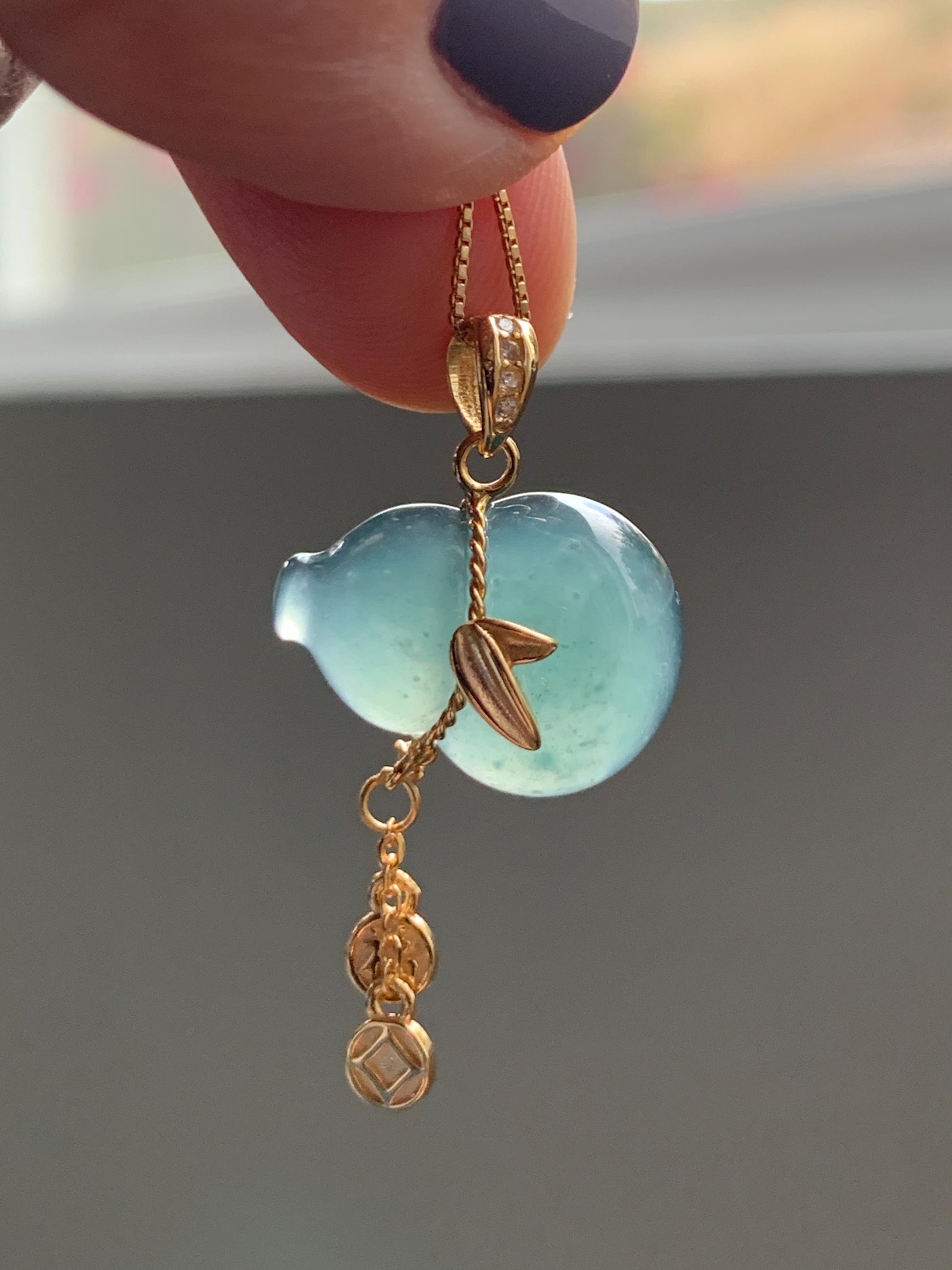 Natural Grade A Guatemalan Icy Highly Translucent Dark Teal Blue Jade Jadeite Gourd Hulu Pendant Sterling Silver 天然冰危深蓝绿翡翠葫芦吊坠 WHL100A