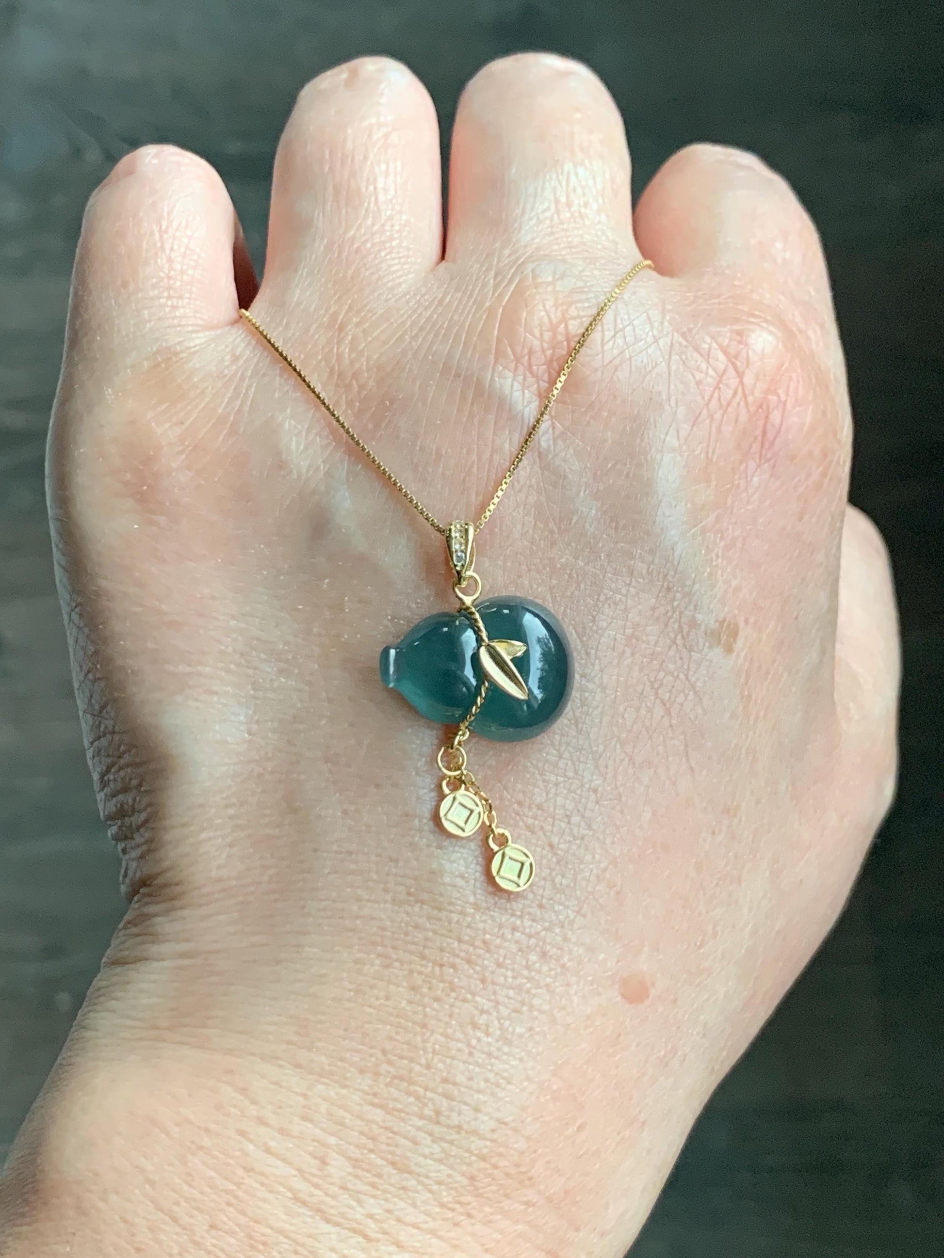 Natural Grade A Guatemalan Icy Highly Translucent Dark Teal Blue Jade Jadeite Gourd Hulu Pendant Sterling Silver 天然冰危深蓝绿翡翠葫芦吊坠 WHL100A