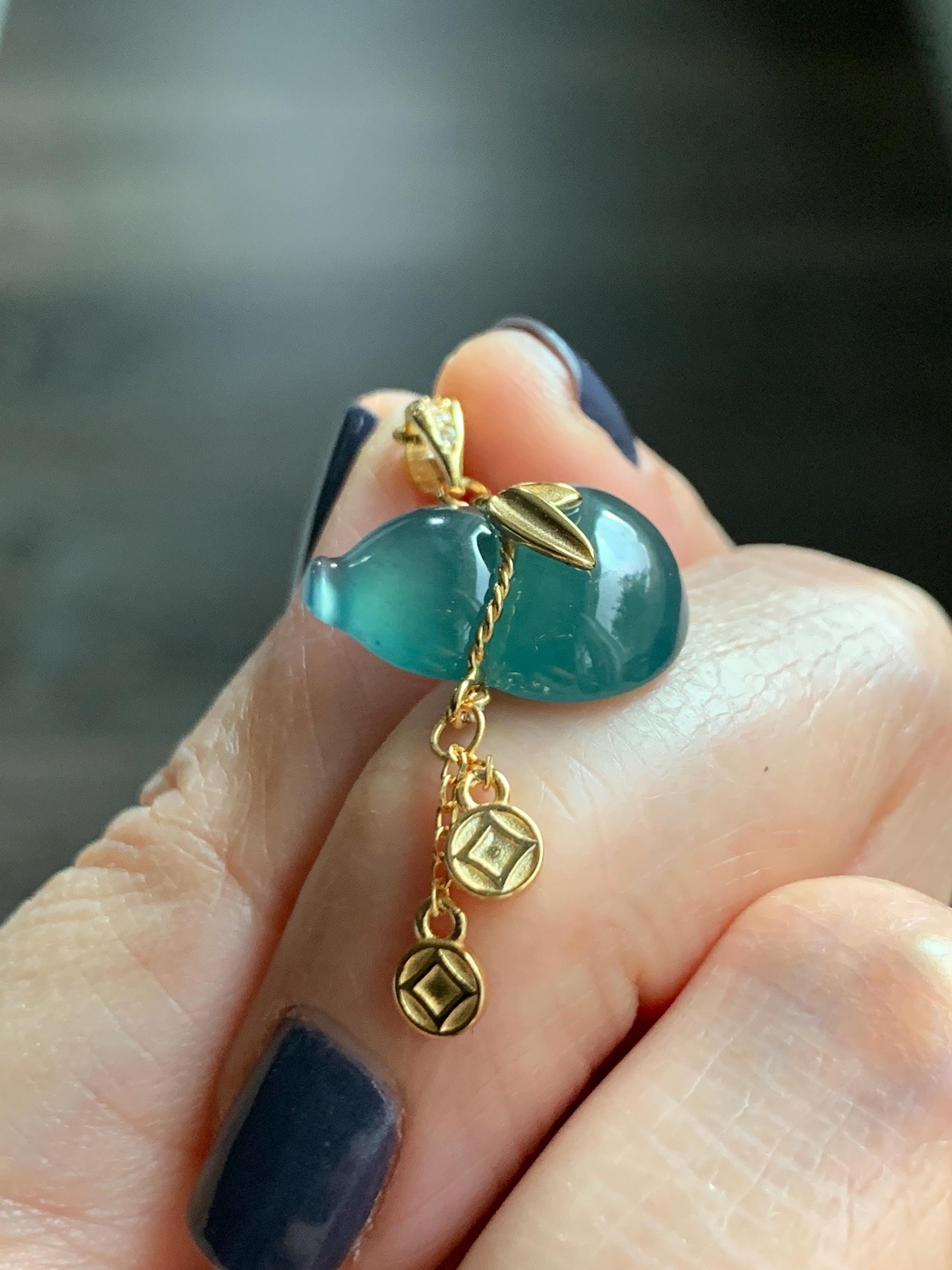 Natural Grade A Guatemalan Icy Highly Translucent Dark Teal Blue Jade Jadeite Gourd Hulu Pendant Sterling Silver 天然冰危深蓝绿翡翠葫芦吊坠 WHL100A