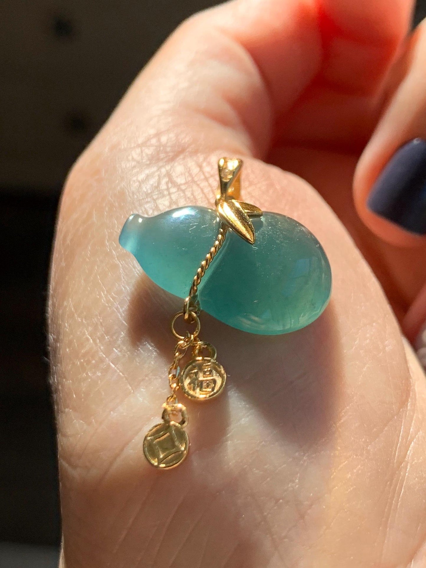 Natural Grade A Guatemalan Icy Highly Translucent Dark Teal Blue Jade Jadeite Gourd Hulu Pendant Sterling Silver 天然冰危深蓝绿翡翠葫芦吊坠 WHL100B