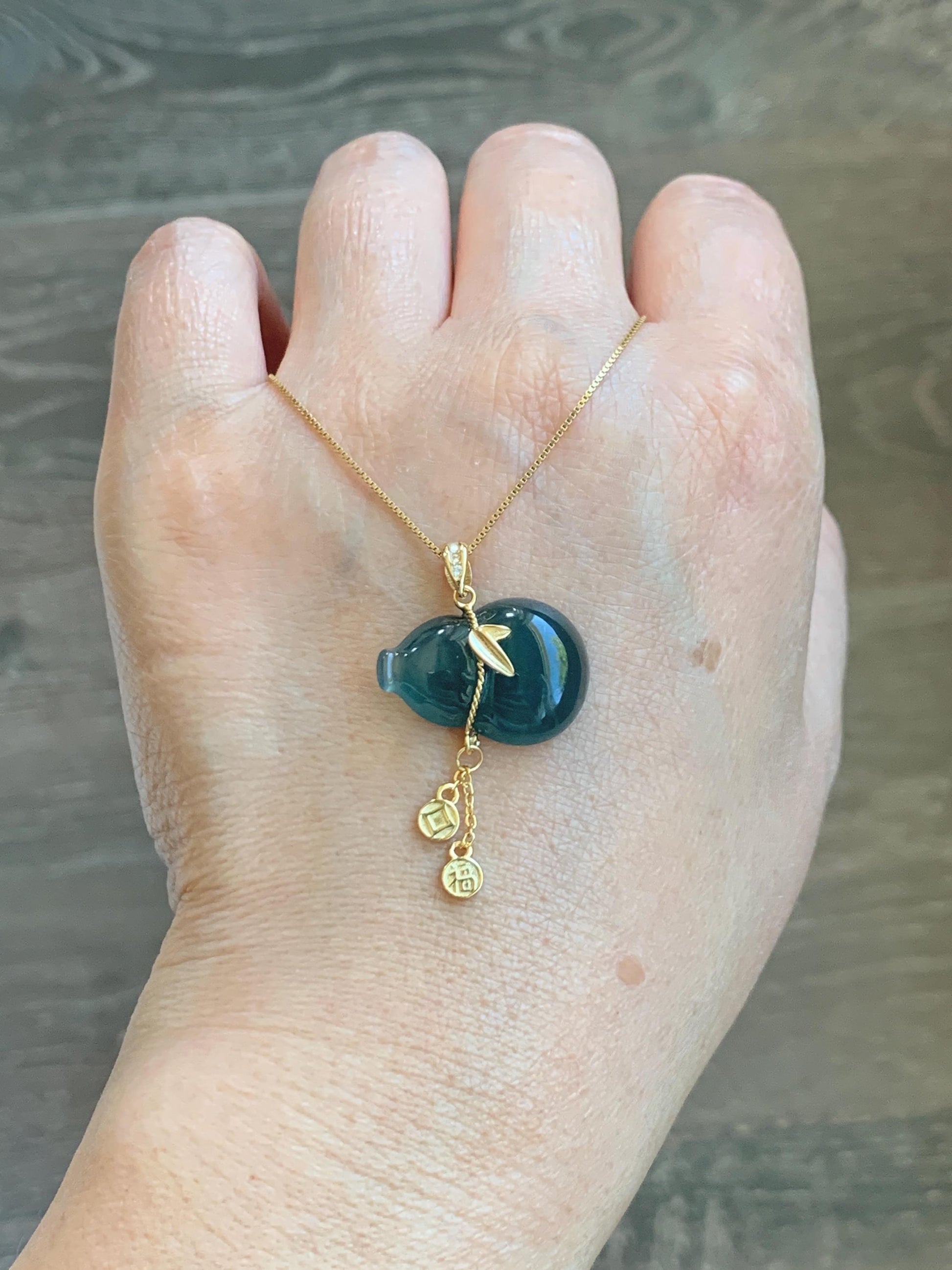 Natural Grade A Guatemalan Icy Highly Translucent Dark Teal Blue Jade Jadeite Gourd Hulu Pendant Sterling Silver 天然冰危深蓝绿翡翠葫芦吊坠 WHL100B