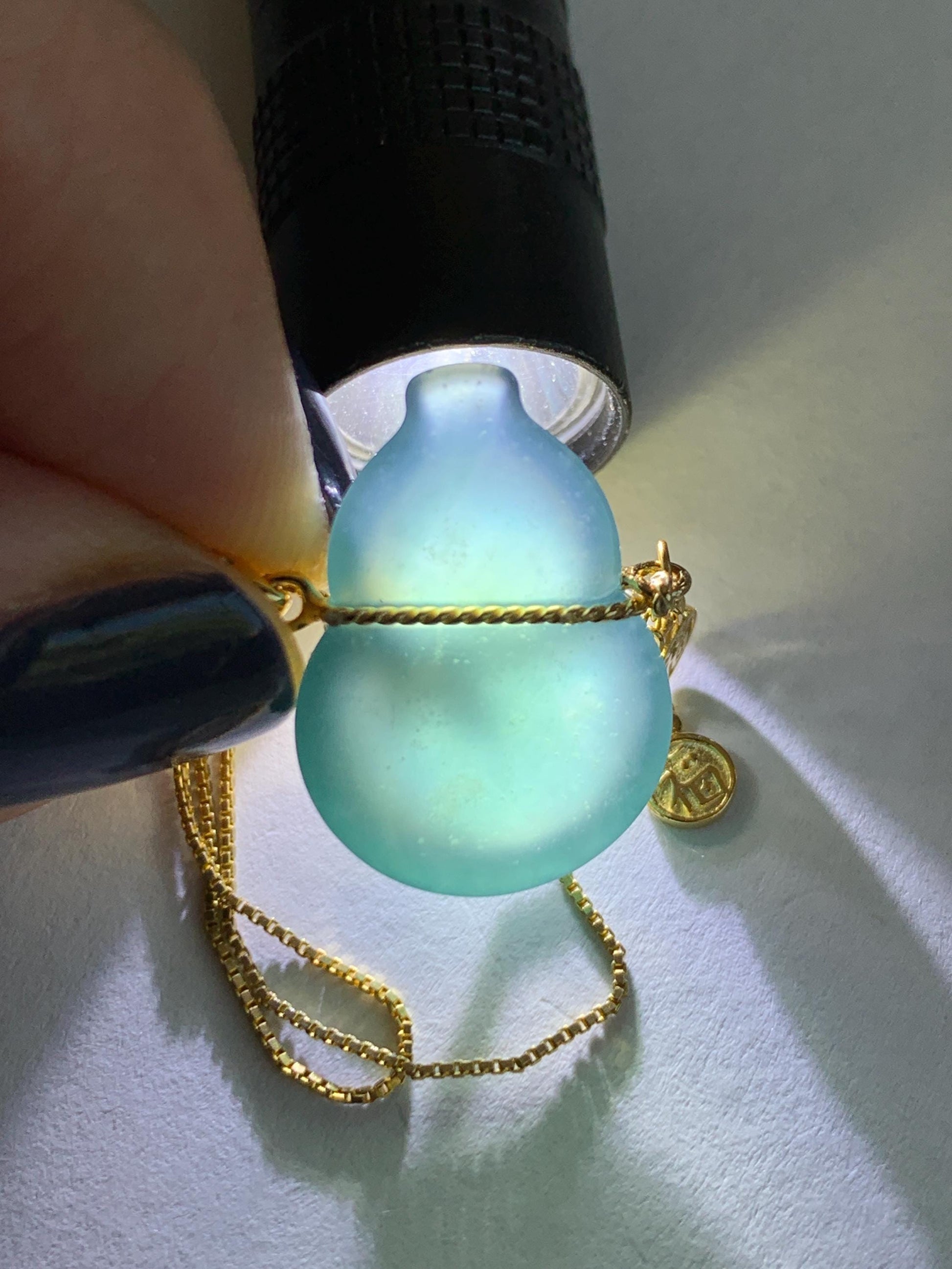 Natural Grade A Guatemalan Icy Highly Translucent Dark Teal Blue Jade Jadeite Gourd Hulu Pendant Sterling Silver 天然冰危深蓝绿翡翠葫芦吊坠 WHL100B