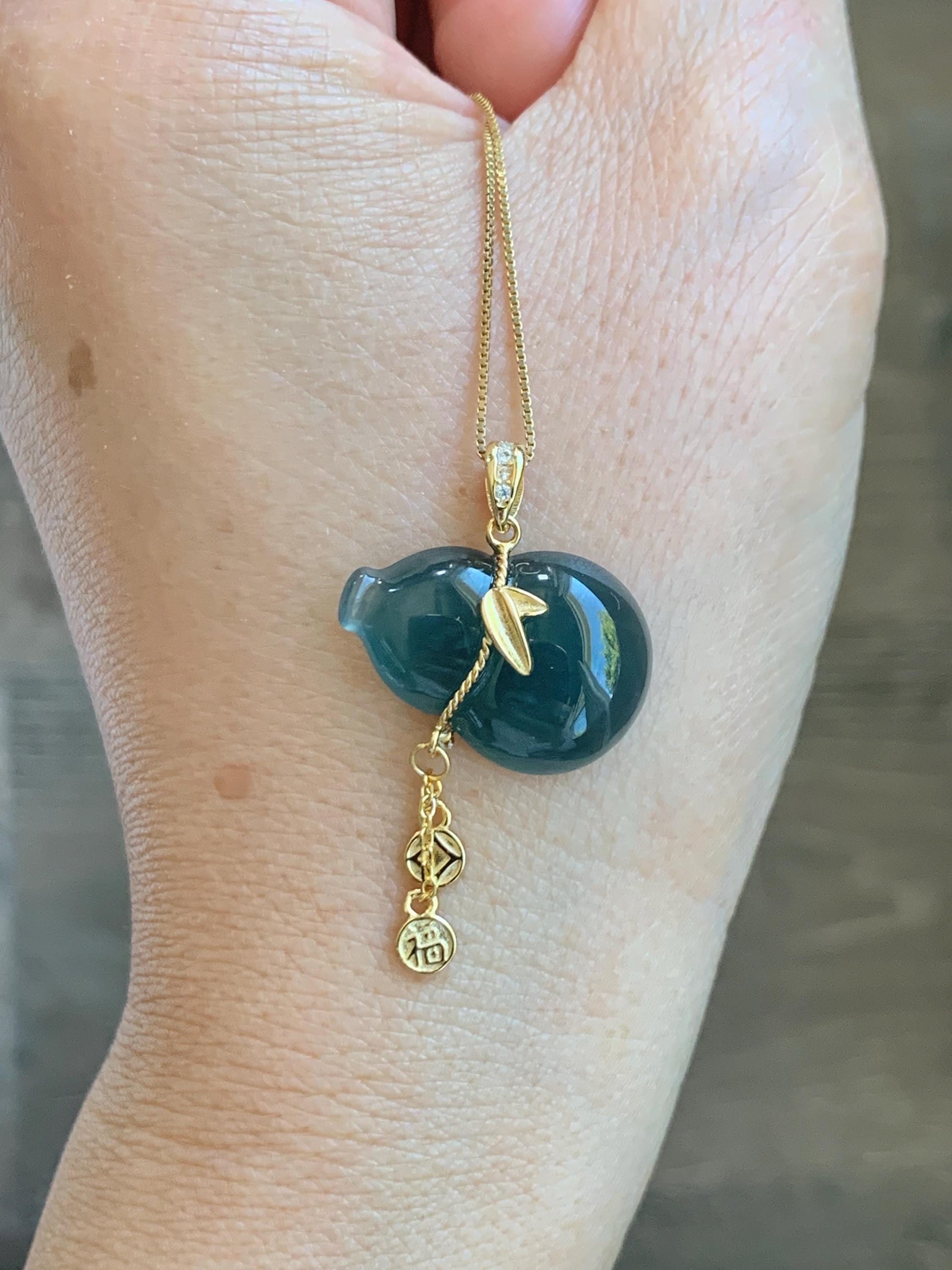 Natural Grade A Guatemalan Icy Highly Translucent Dark Teal Blue Jade Jadeite Gourd Hulu Pendant Sterling Silver 天然冰危深蓝绿翡翠葫芦吊坠 WHL100B
