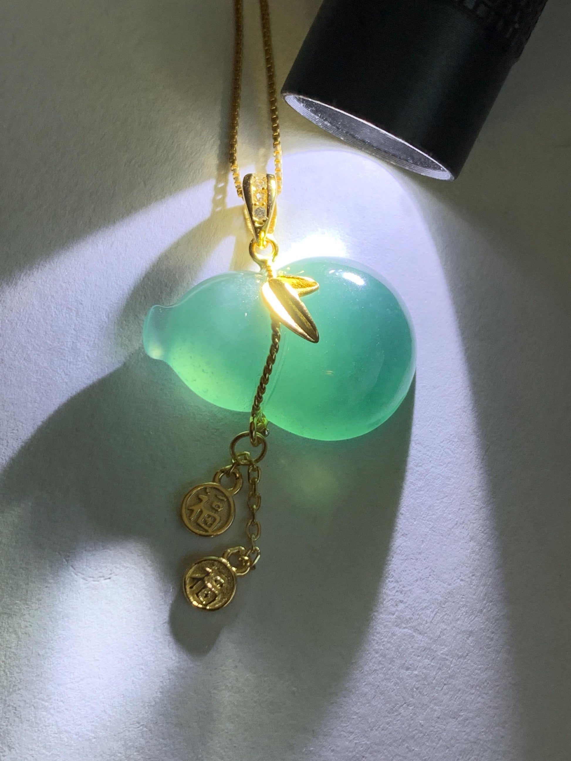 Natural Grade A Guatemalan Icy Highly Translucent Dark Teal Blue Jade Jadeite Gourd Hulu Pendant Sterling Silver 天然冰危深蓝绿翡翠葫芦吊坠 WHL100B