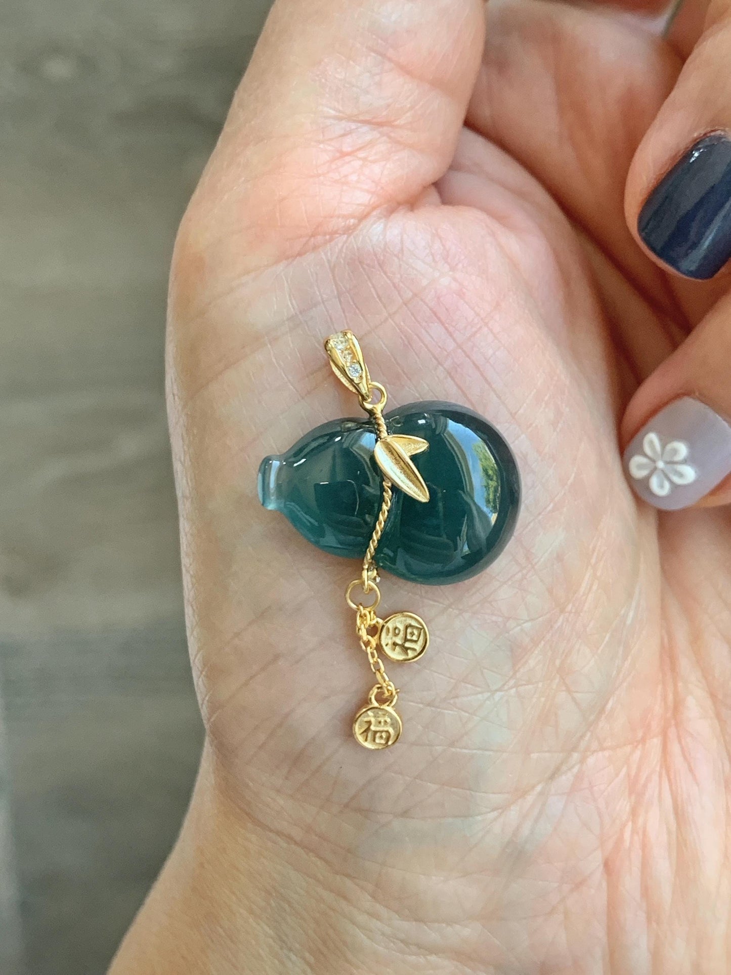 Natural Grade A Guatemalan Icy Highly Translucent Dark Teal Blue Jade Jadeite Gourd Hulu Pendant Sterling Silver 天然冰危深蓝绿翡翠葫芦吊坠 WHL100B