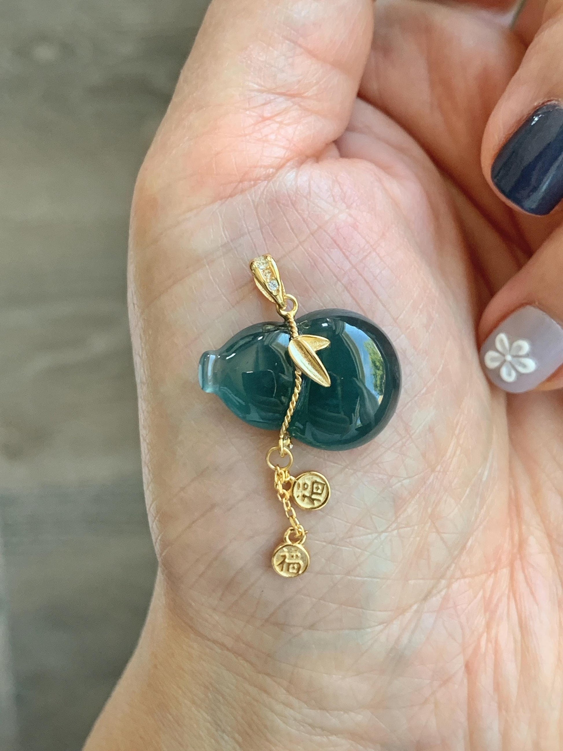 Natural Grade A Guatemalan Icy Highly Translucent Dark Teal Blue Jade Jadeite Gourd Hulu Pendant Sterling Silver 天然冰危深蓝绿翡翠葫芦吊坠 WHL100B