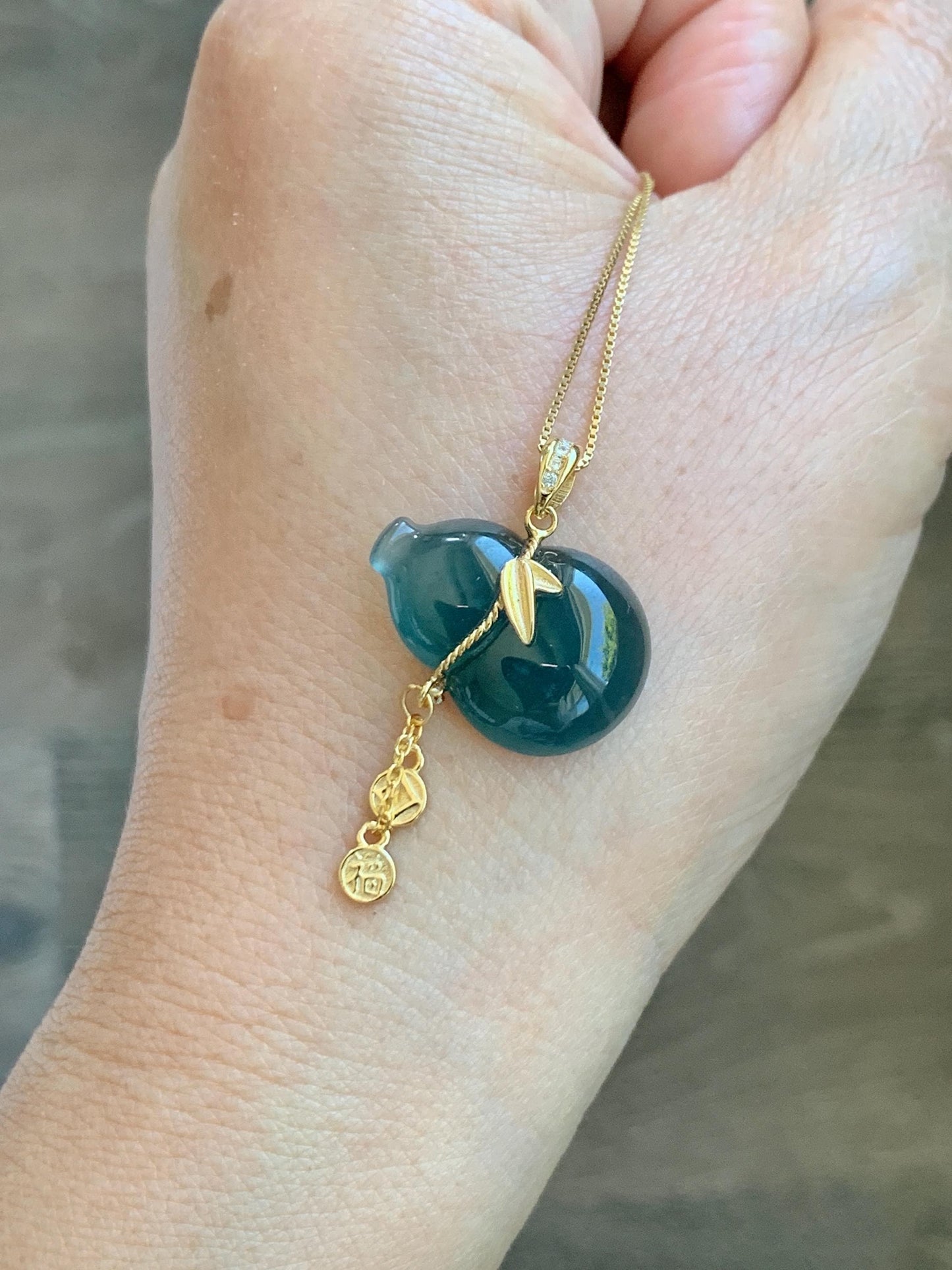 Natural Grade A Guatemalan Icy Highly Translucent Dark Teal Blue Jade Jadeite Gourd Hulu Pendant Sterling Silver 天然冰危深蓝绿翡翠葫芦吊坠 WHL100B