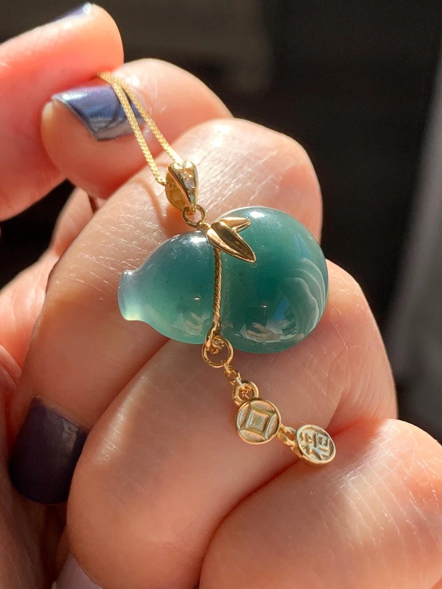 Natural Grade A Guatemalan Icy Highly Translucent Dark Teal Blue Jade Jadeite Gourd Hulu Pendant Sterling Silver 天然冰危深蓝绿翡翠葫芦吊坠 WHL100C