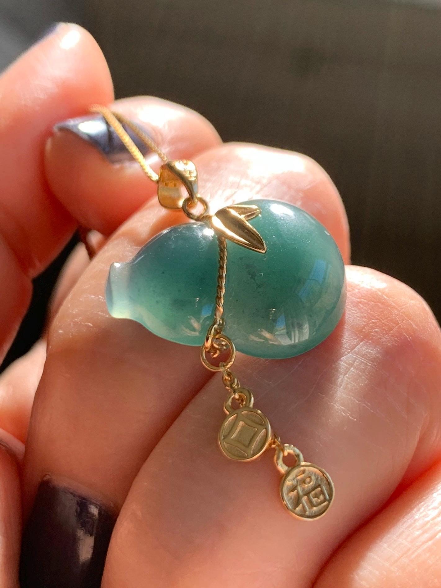 Natural Grade A Guatemalan Icy Highly Translucent Dark Teal Blue Jade Jadeite Gourd Hulu Pendant Sterling Silver 天然冰危深蓝绿翡翠葫芦吊坠 WHL100C