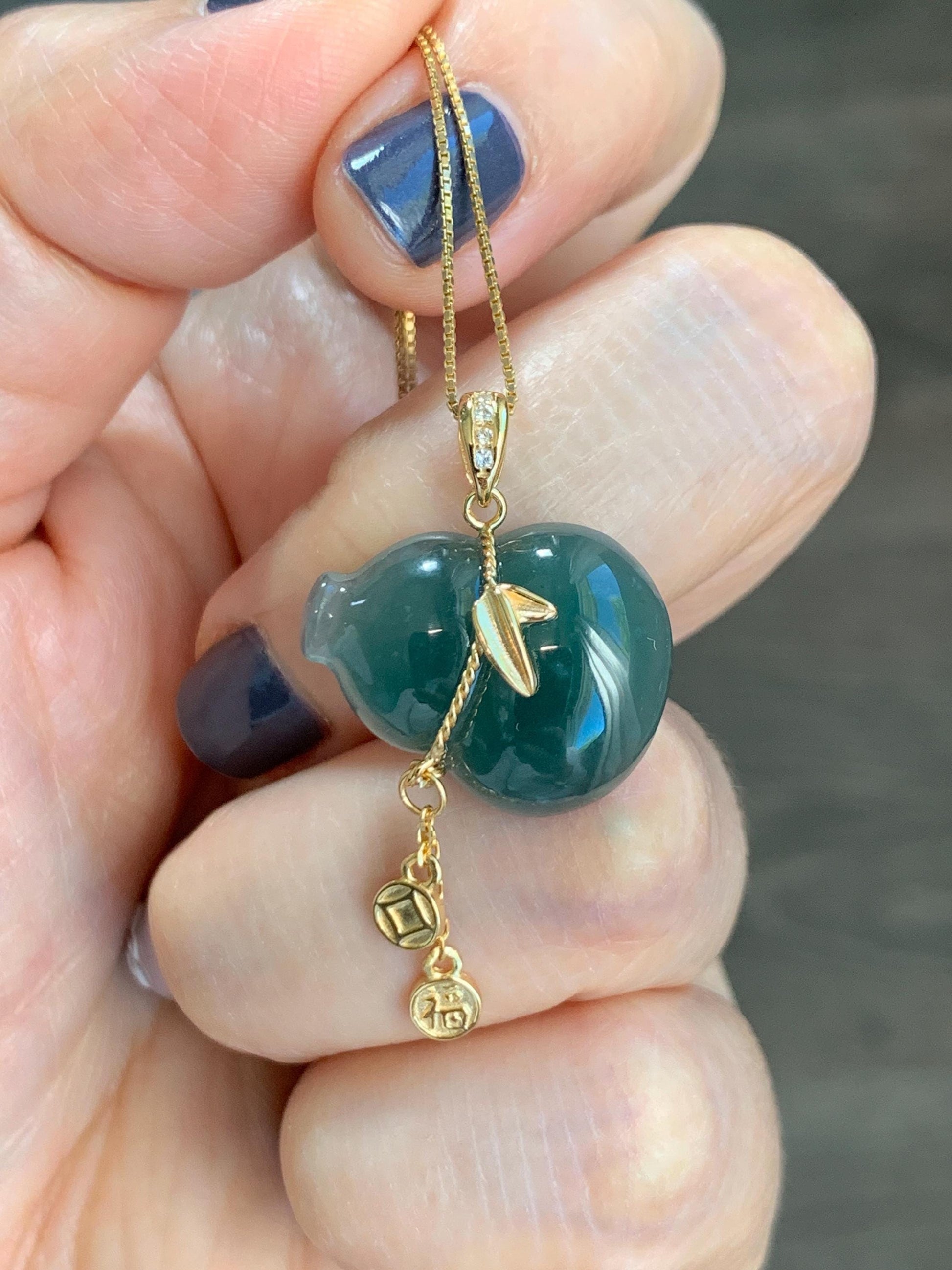 Natural Grade A Guatemalan Icy Highly Translucent Dark Teal Blue Jade Jadeite Gourd Hulu Pendant Sterling Silver 天然冰危深蓝绿翡翠葫芦吊坠 WHL100C