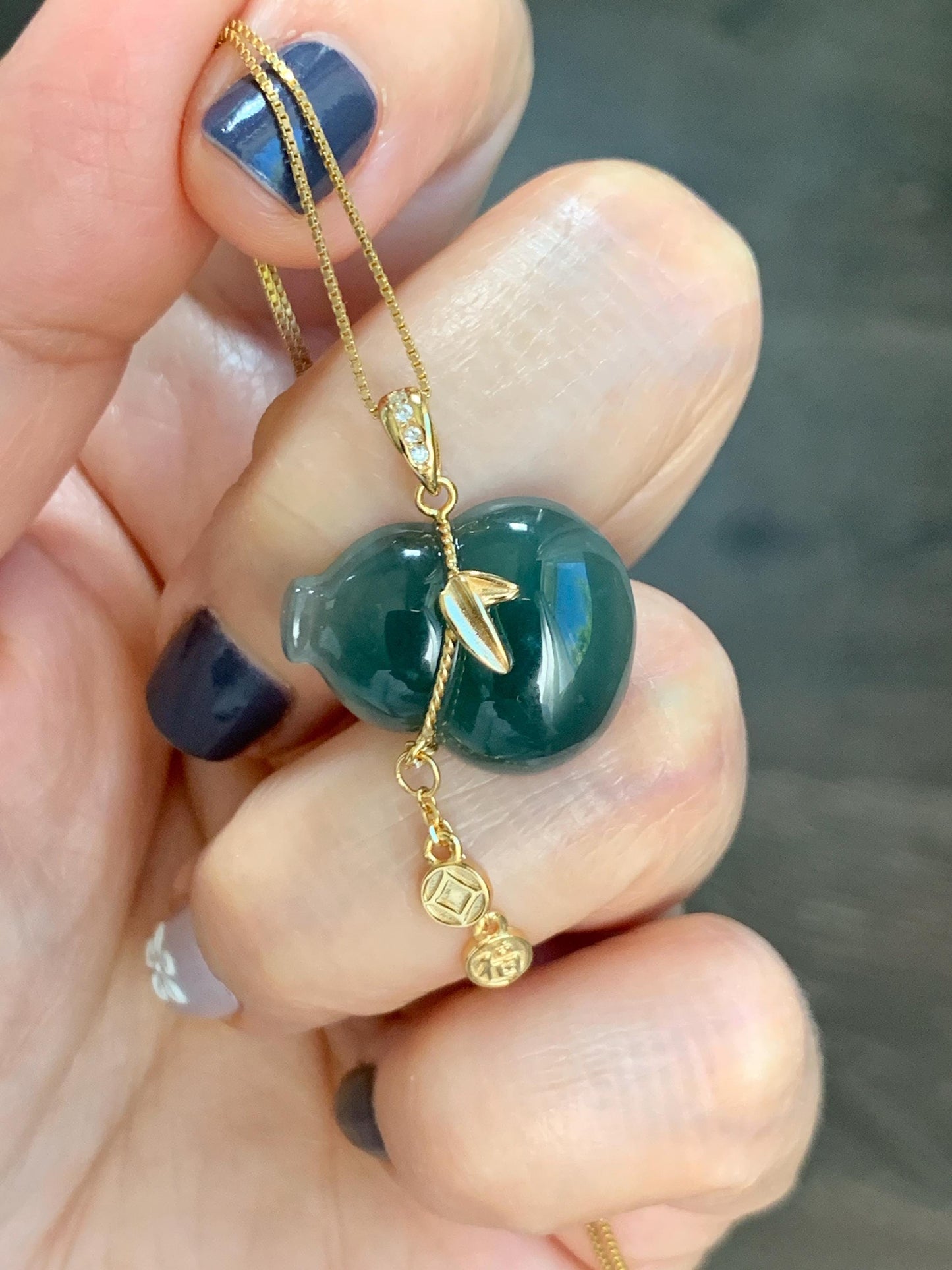Natural Grade A Guatemalan Icy Highly Translucent Dark Teal Blue Jade Jadeite Gourd Hulu Pendant Sterling Silver 天然冰危深蓝绿翡翠葫芦吊坠 WHL100C