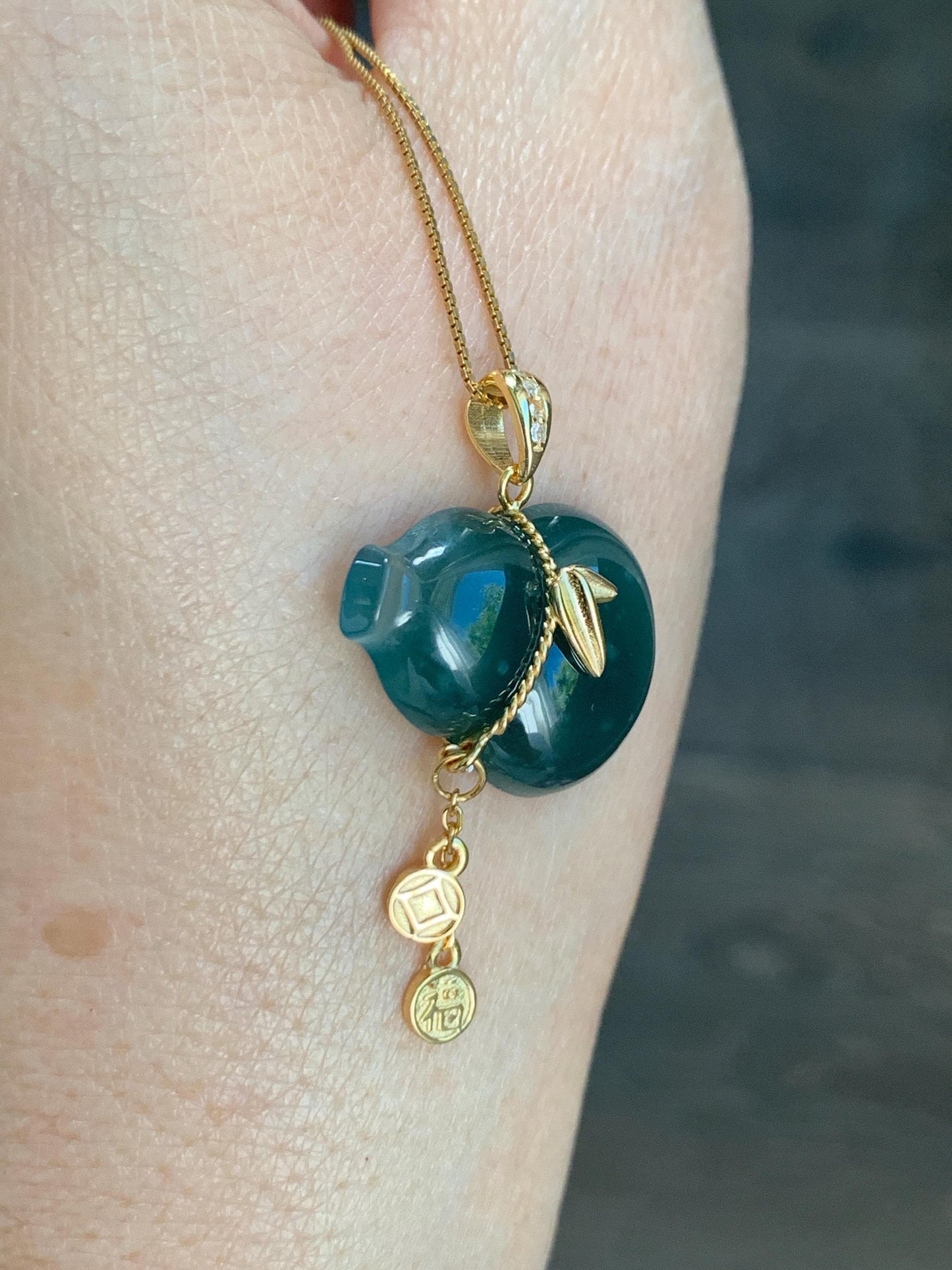 Natural Grade A Guatemalan Icy Highly Translucent Dark Teal Blue Jade Jadeite Gourd Hulu Pendant Sterling Silver 天然冰危深蓝绿翡翠葫芦吊坠 WHL100C