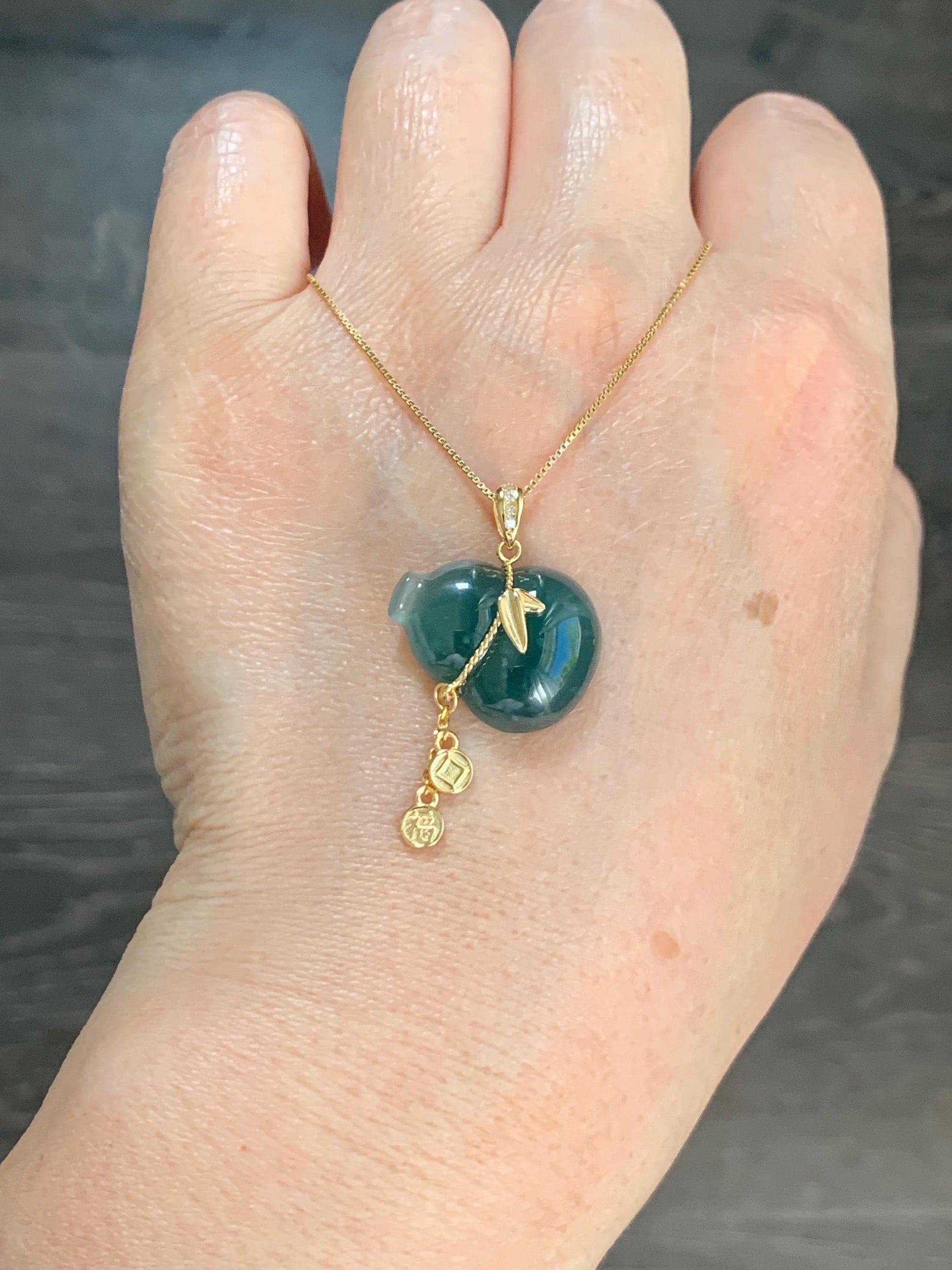 Natural Grade A Guatemalan Icy Highly Translucent Dark Teal Blue Jade Jadeite Gourd Hulu Pendant Sterling Silver 天然冰危深蓝绿翡翠葫芦吊坠 WHL100C