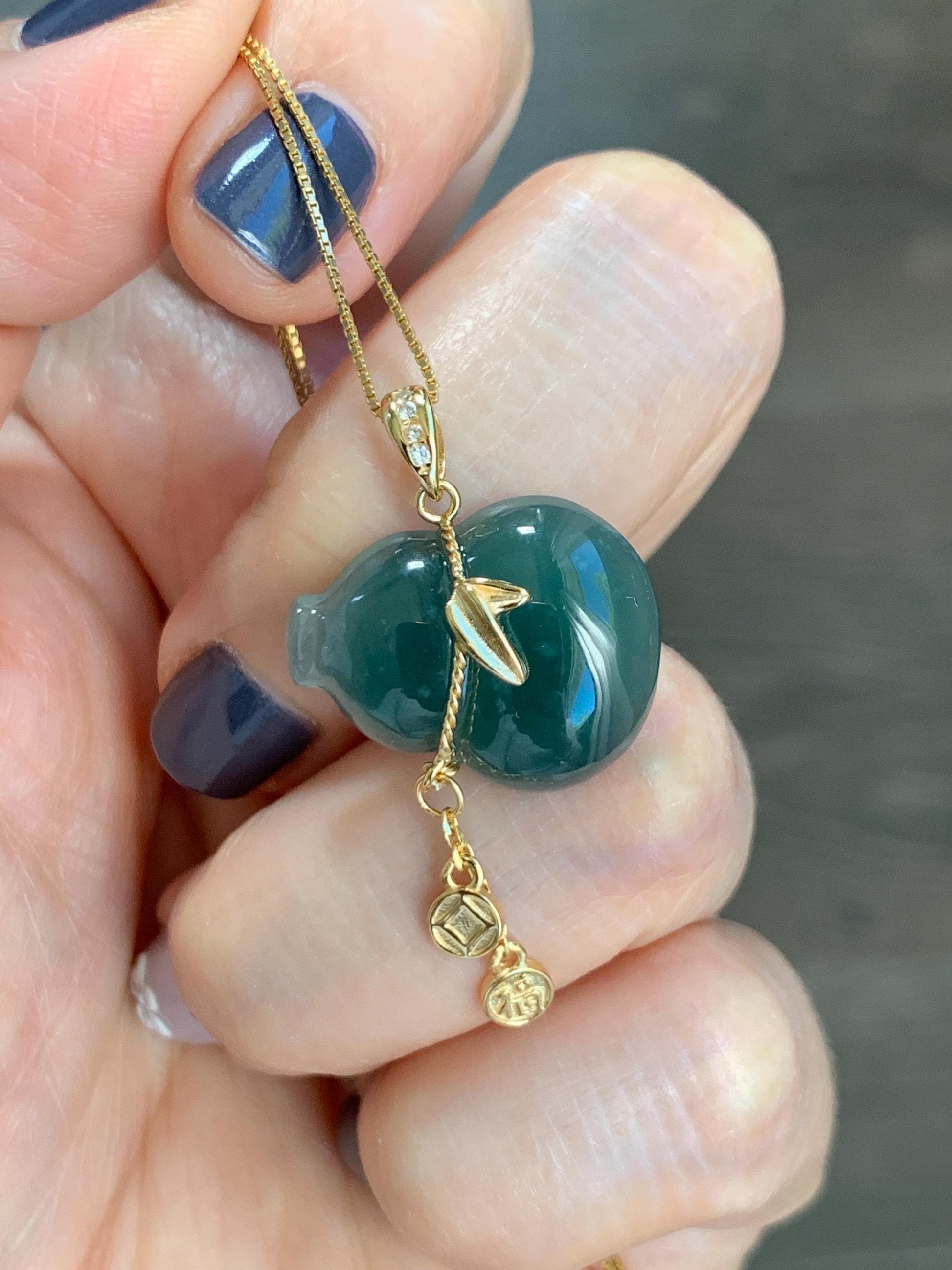 Natural Grade A Guatemalan Icy Highly Translucent Dark Teal Blue Jade Jadeite Gourd Hulu Pendant Sterling Silver 天然冰危深蓝绿翡翠葫芦吊坠 WHL100C