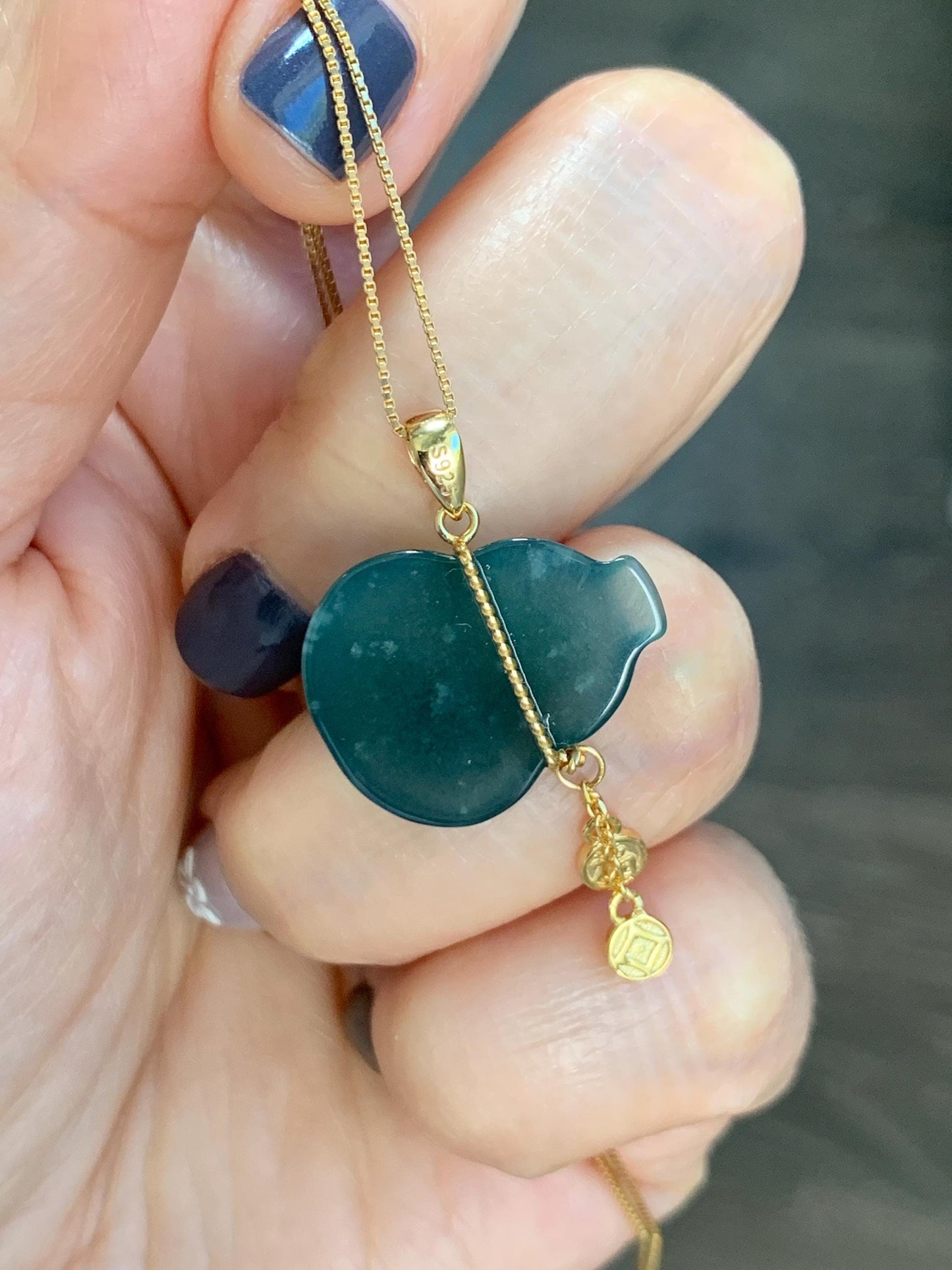 Natural Grade A Guatemalan Icy Highly Translucent Dark Teal Blue Jade Jadeite Gourd Hulu Pendant Sterling Silver 天然冰危深蓝绿翡翠葫芦吊坠 WHL100C