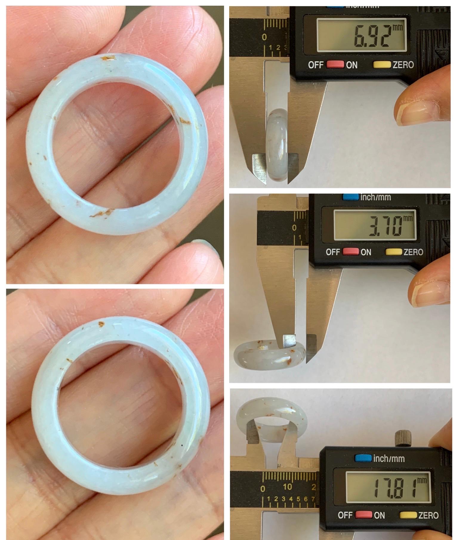 Natural Grade A Icy Translucent White & Golden Brown Marbled Jade Jadeite Band Ring Size 7.5 US 5g 天然冰胶白翡翠撒金戒圈 BSJ100