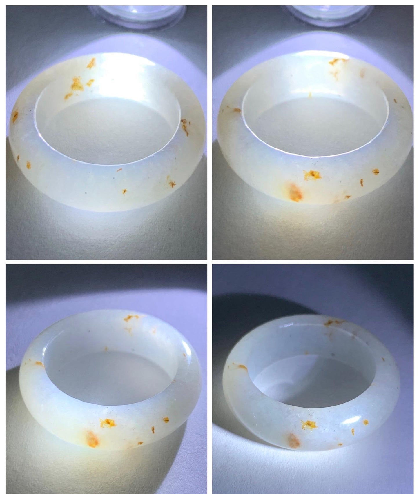 Natural Grade A Icy Translucent White & Golden Brown Marbled Jade Jadeite Band Ring Size 7.5 US 5g 天然冰胶白翡翠撒金戒圈 BSJ100