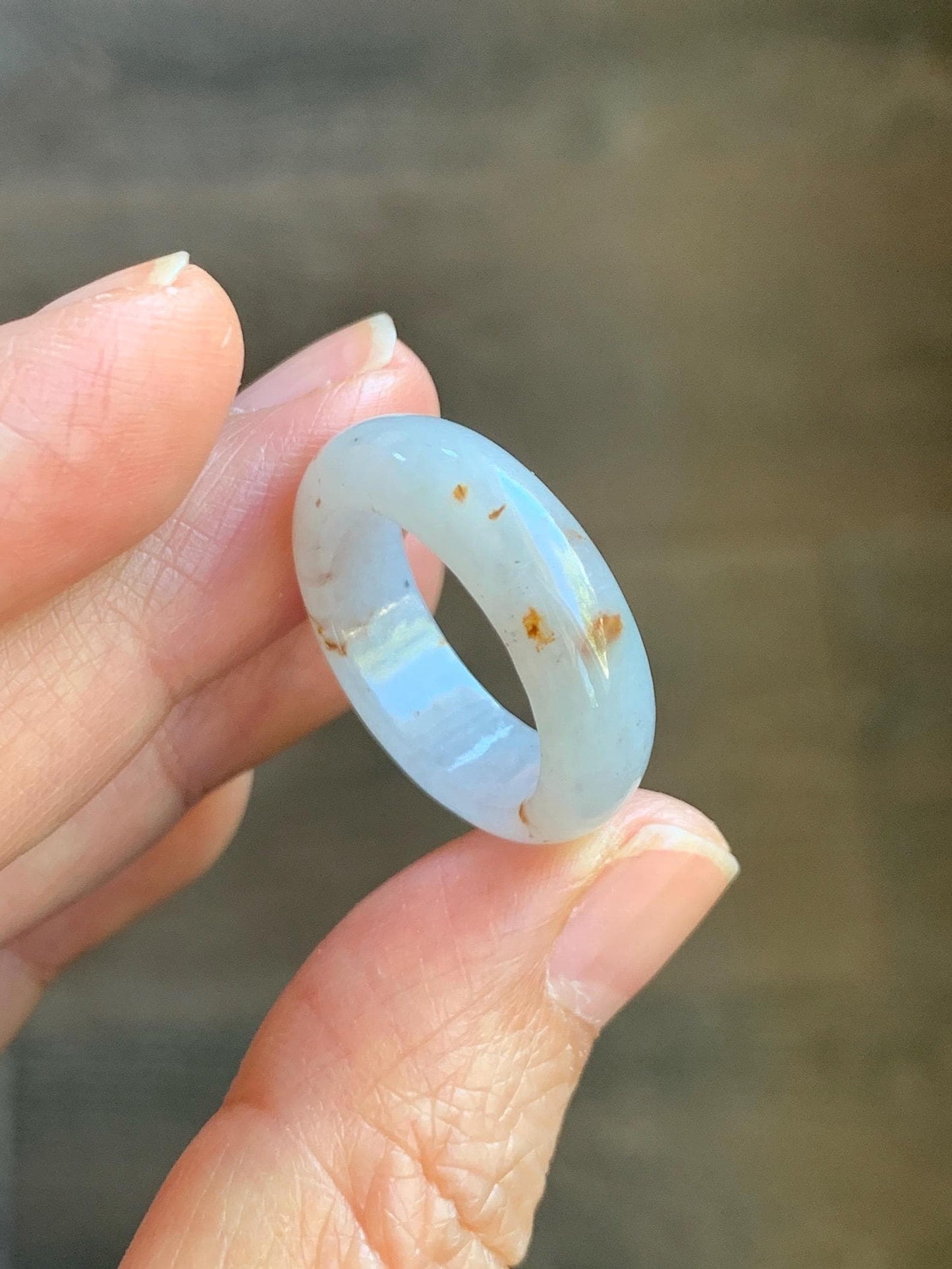 Natural Grade A Icy Translucent White & Golden Brown Marbled Jade Jadeite Band Ring Size 7.5 US 5g 天然冰胶白翡翠撒金戒圈 BSJ100