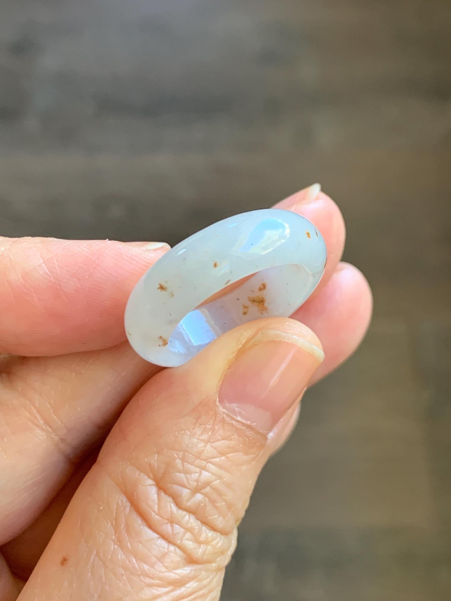 Natural Grade A Icy Translucent White & Golden Brown Marbled Jade Jadeite Band Ring Size 7.5 US 5g 天然冰胶白翡翠撒金戒圈 BSJ100